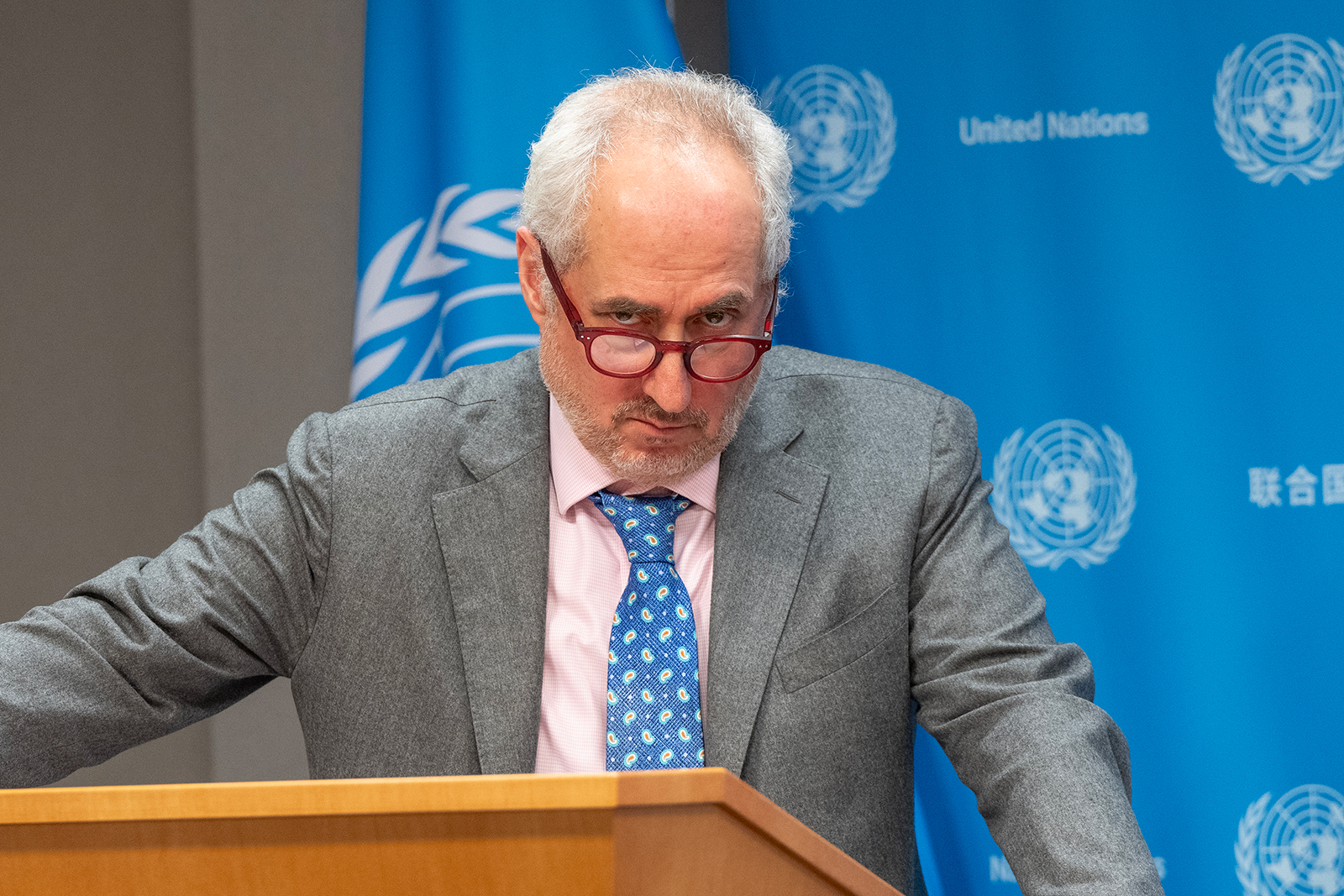 Stephane Dujarric attends press conference at UN Headquarters in New York on March 4.
