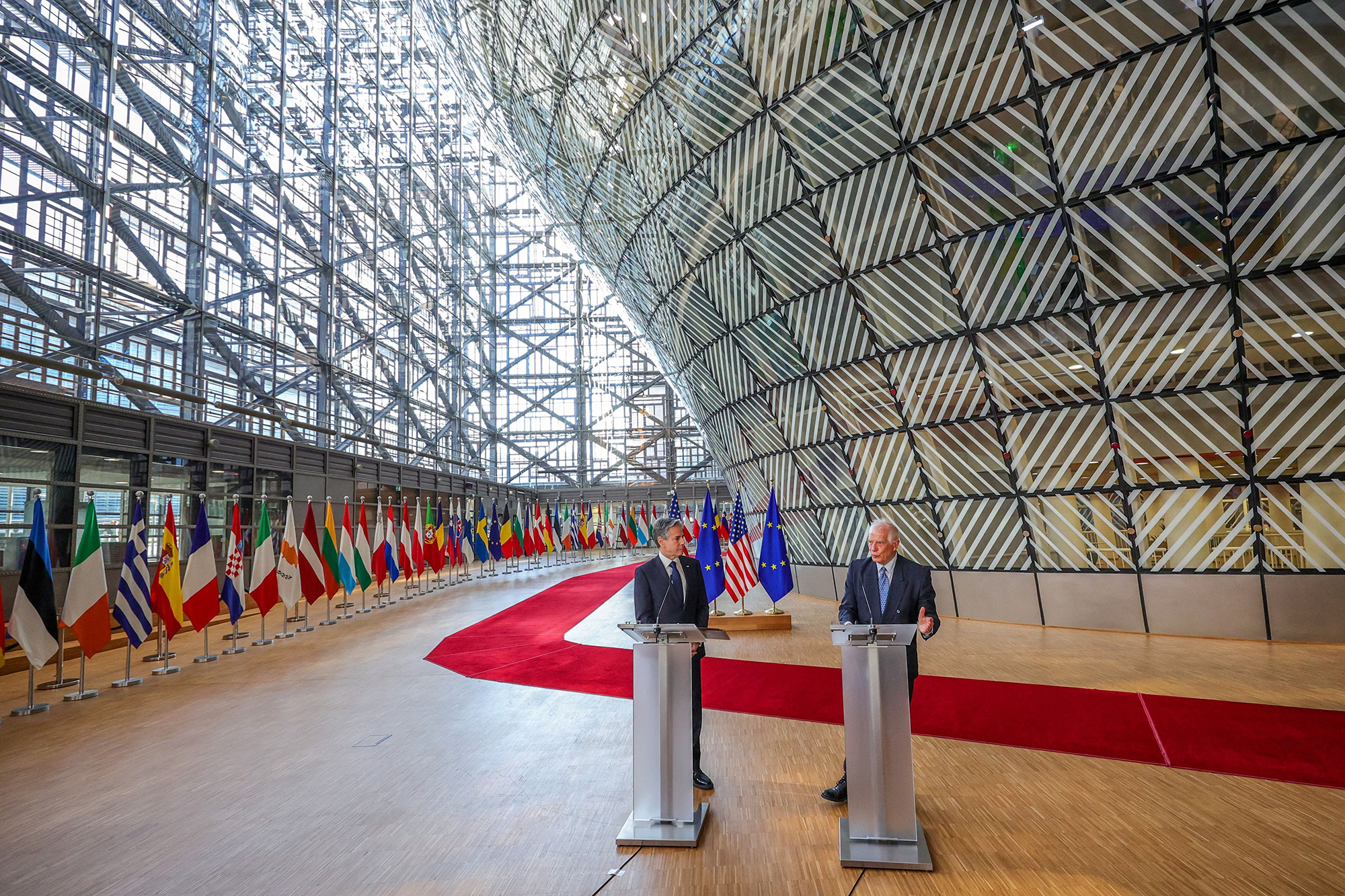 US Secretary of State Antony Blinken, left, and European Union High Representative for Foreign Affairs and Security Policy Josep Borrell speak to the press ahead of an EU-US Energy Council ministerial meeting in Brussels on Tuesday, April 4.