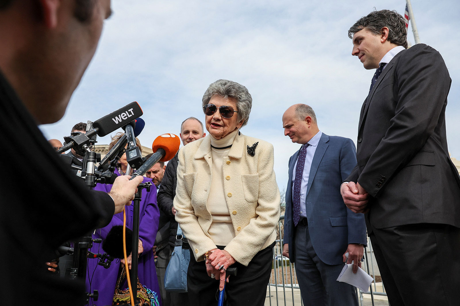 Norma Anderson speaks to reporters following Supreme Court oral arguments in Washington, DC, on Thursday.