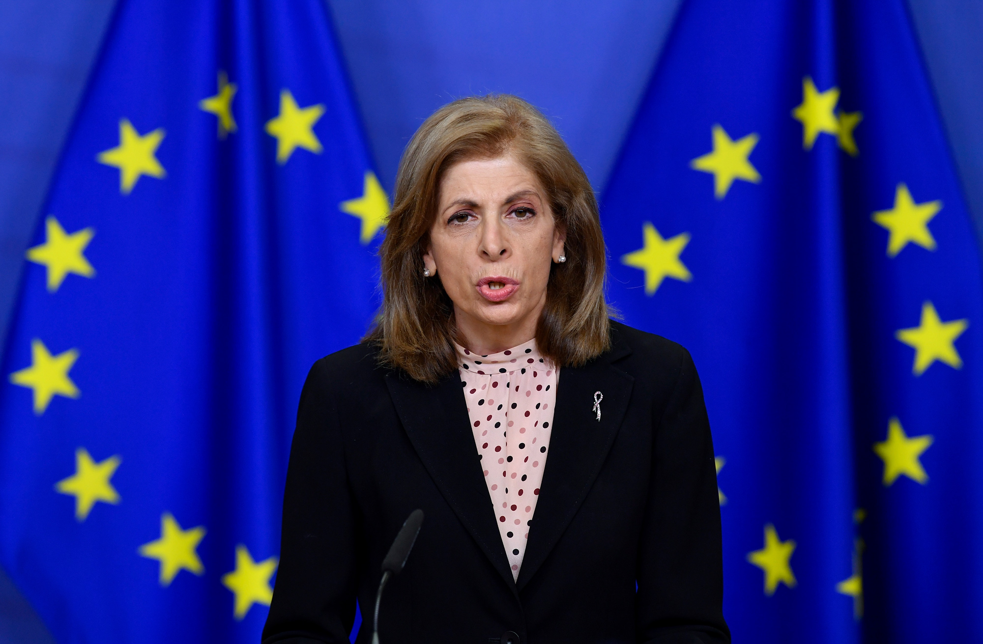 European Health Commissioner Stella Kyriakides gives a statement at the European Commission headquarters in Brussels on January 25.