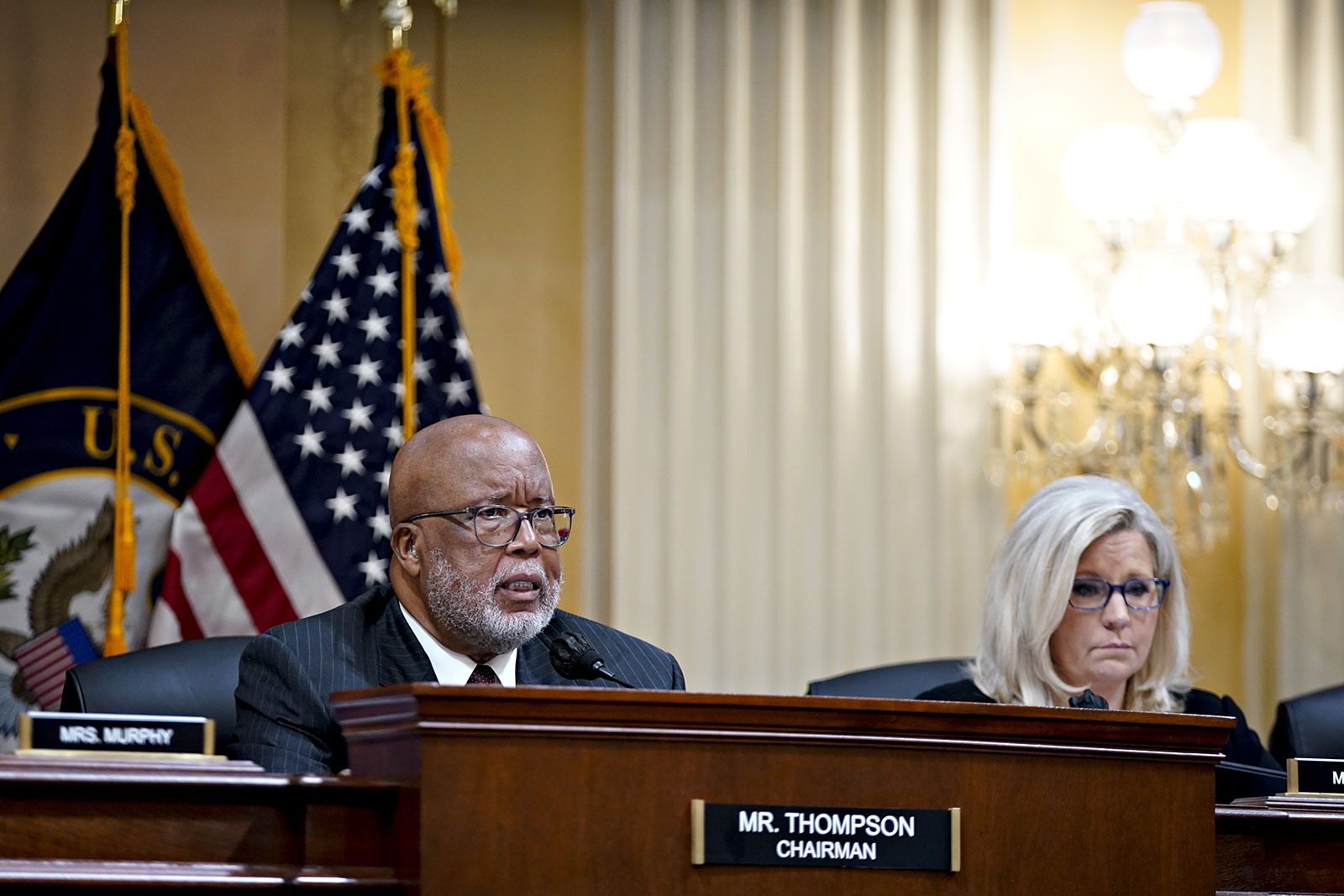 Democratic Rep. Bennie Thompson and GOP Rep. Liz Cheney participate in a House select committee hearing on July 12.