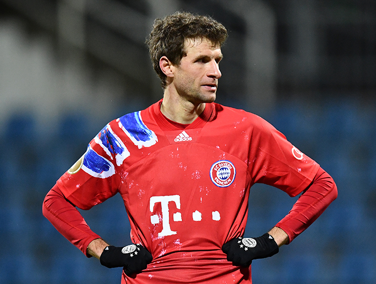 Thomas Müller reacts during the DFB Cup second round match between Holstein Kiel and FC Bayern Munich at Wunderino Arena on January 13, 2021 in Kiel, Germany. 