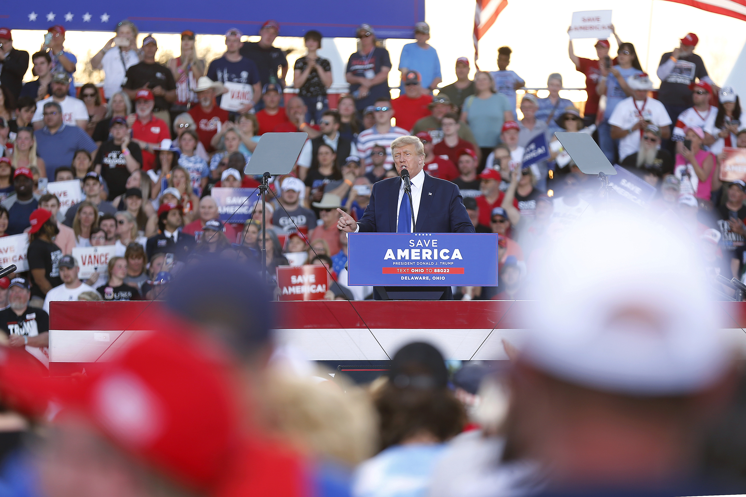 Former President Donald Trump speaks at a campaign rally on Saturday, April 23, 2022, in Delaware, Ohio. 