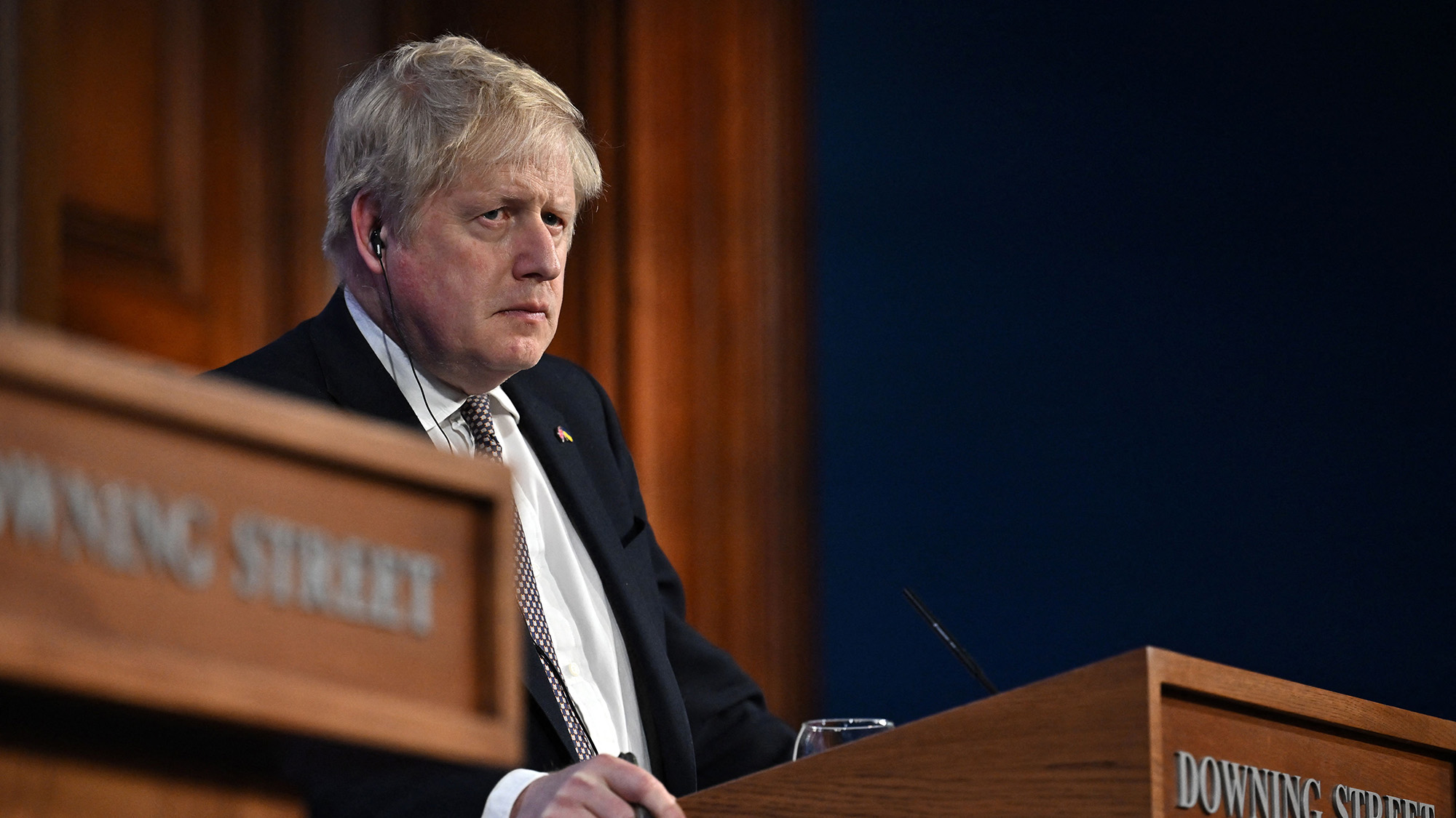 UK Prime Minister Boris Johnson speaks during a joint press conference with Germany's Chancellor Olaf Scholz following a bilateral meeting at 10 Downing Street, in London, on April 8.