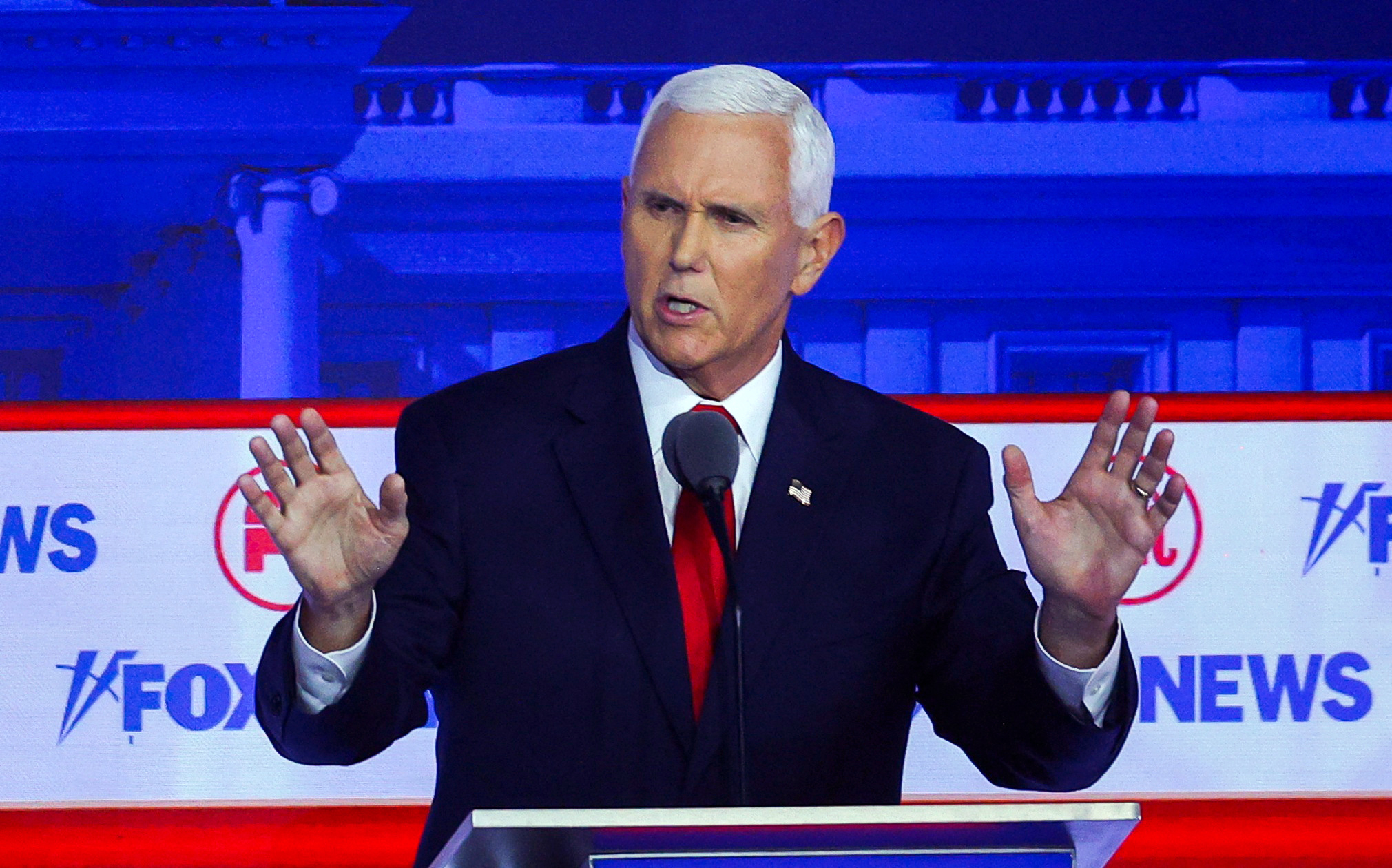 Former Vice President Mike Pence speaks at the first Republican primary debate in Milwaukee, Wisconsin, on August 23. 