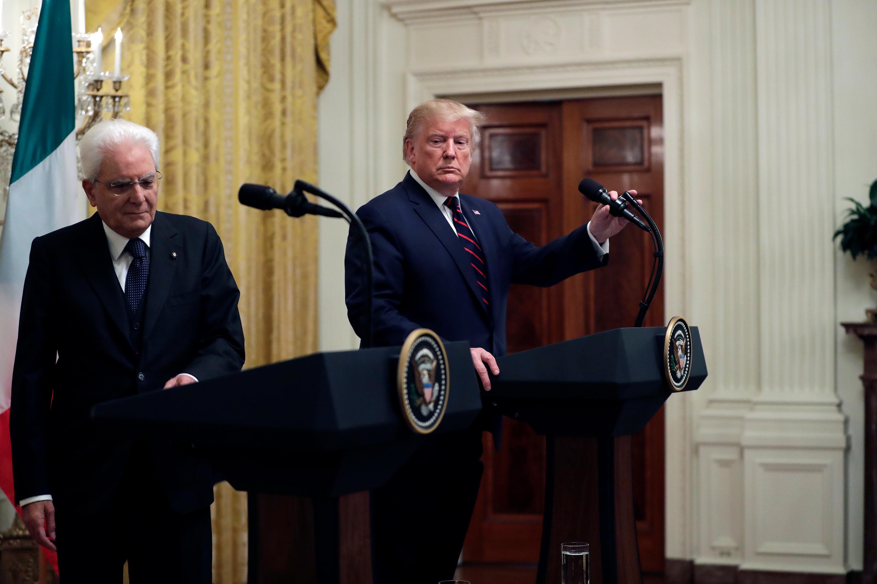 President Donald Trump arrives to a news conference with Italian President Sergio Mattarella in the East Room of the White House, Wednesday, October 16.
