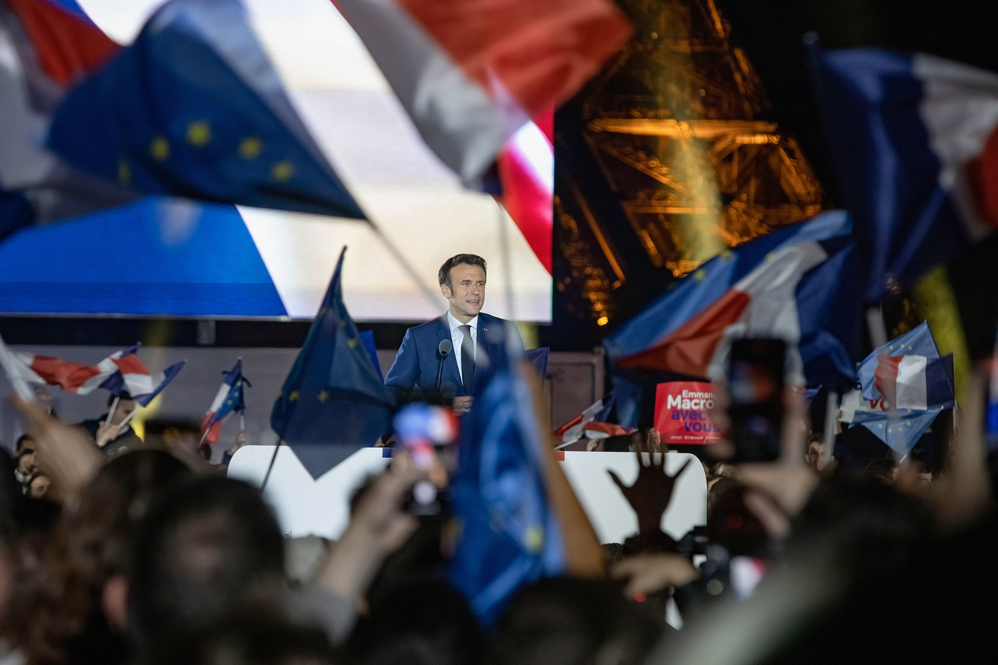 French President Emmanuel Macron celebrates with thousands of his supporters in front of the Eiffel Tower, Paris, France, as he wins the French presidential election on April 24.