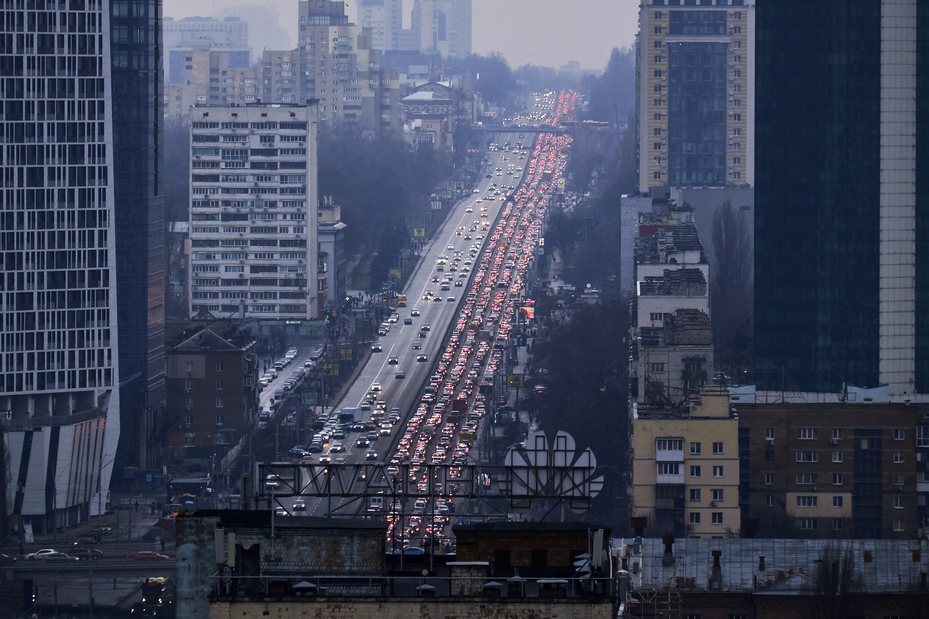 Long lines of cars in Kyiv heading out of Ukrainian capital