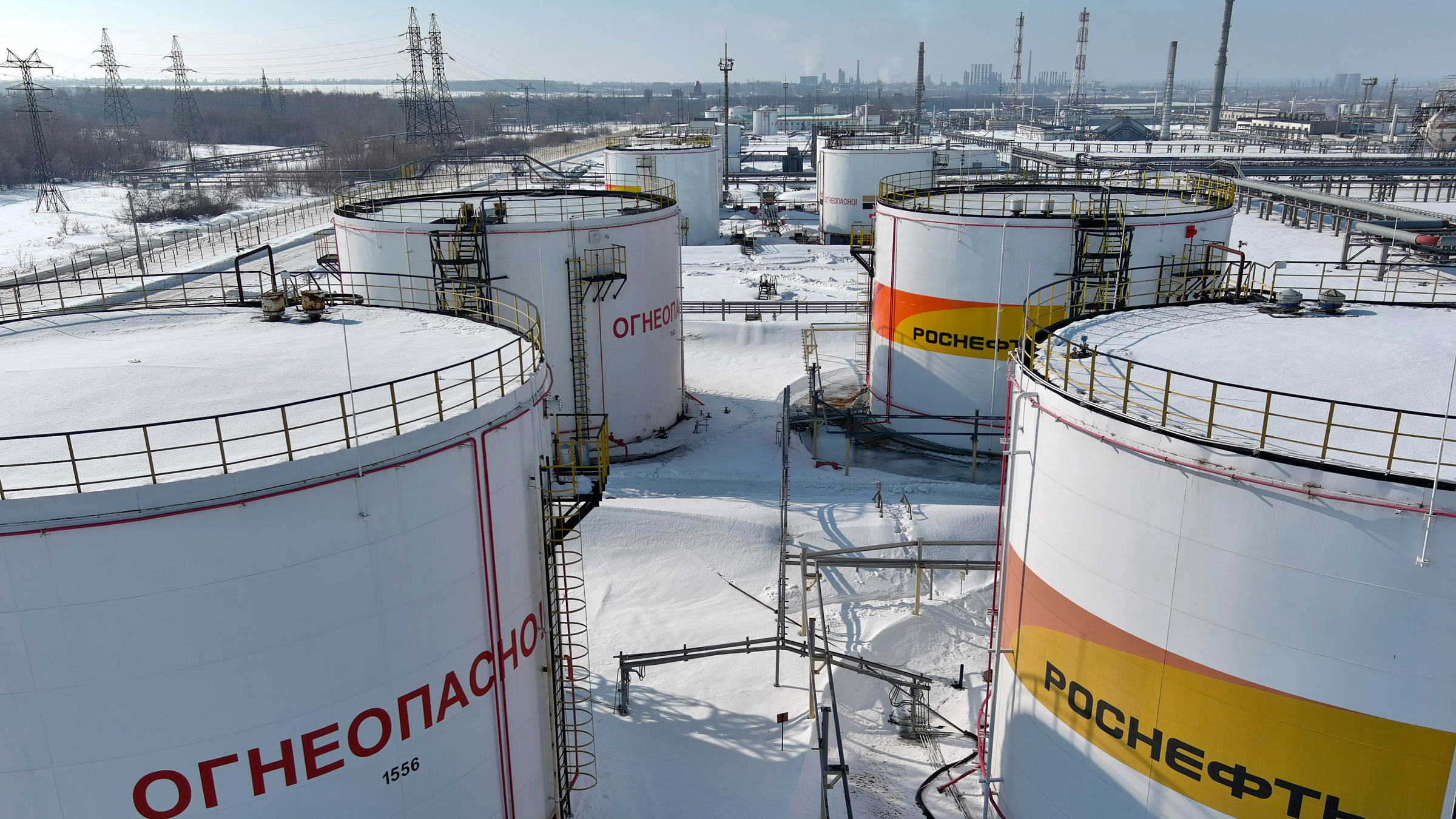 Oil tanks are seen at the Novokuibyshevsk Refinery in Russia on February 24.