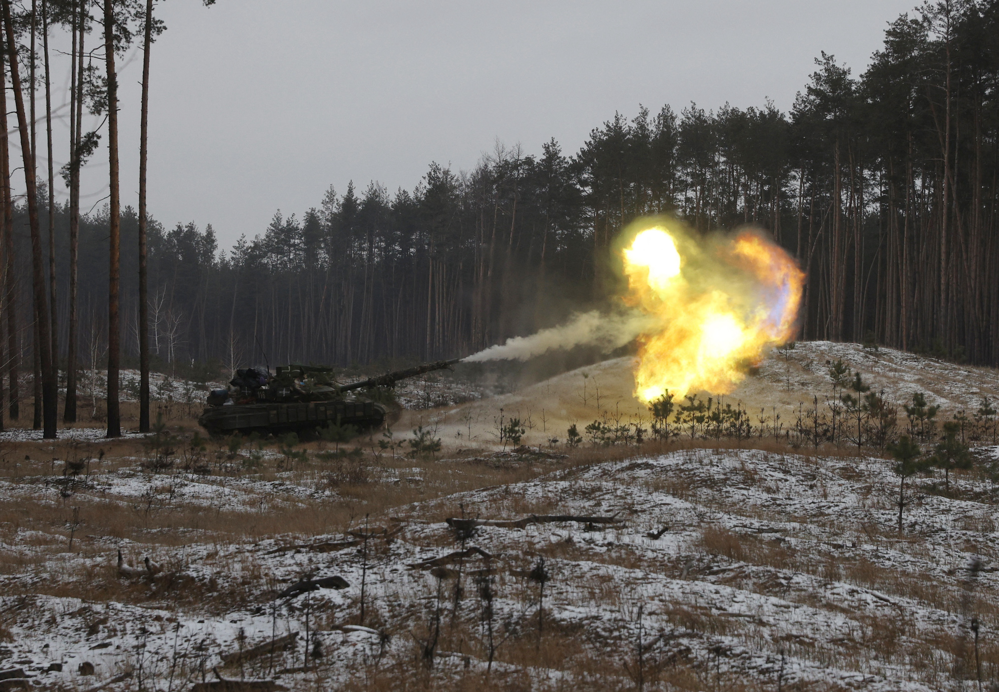 A Ukrainian tank fires at Russian positions near Kreminna, Luhansk Oblast, on Thursday.