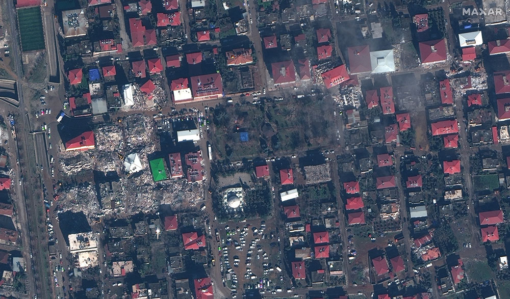 Collapsed buildings in Islahiye, Turkey, can be seen in this satellite image.