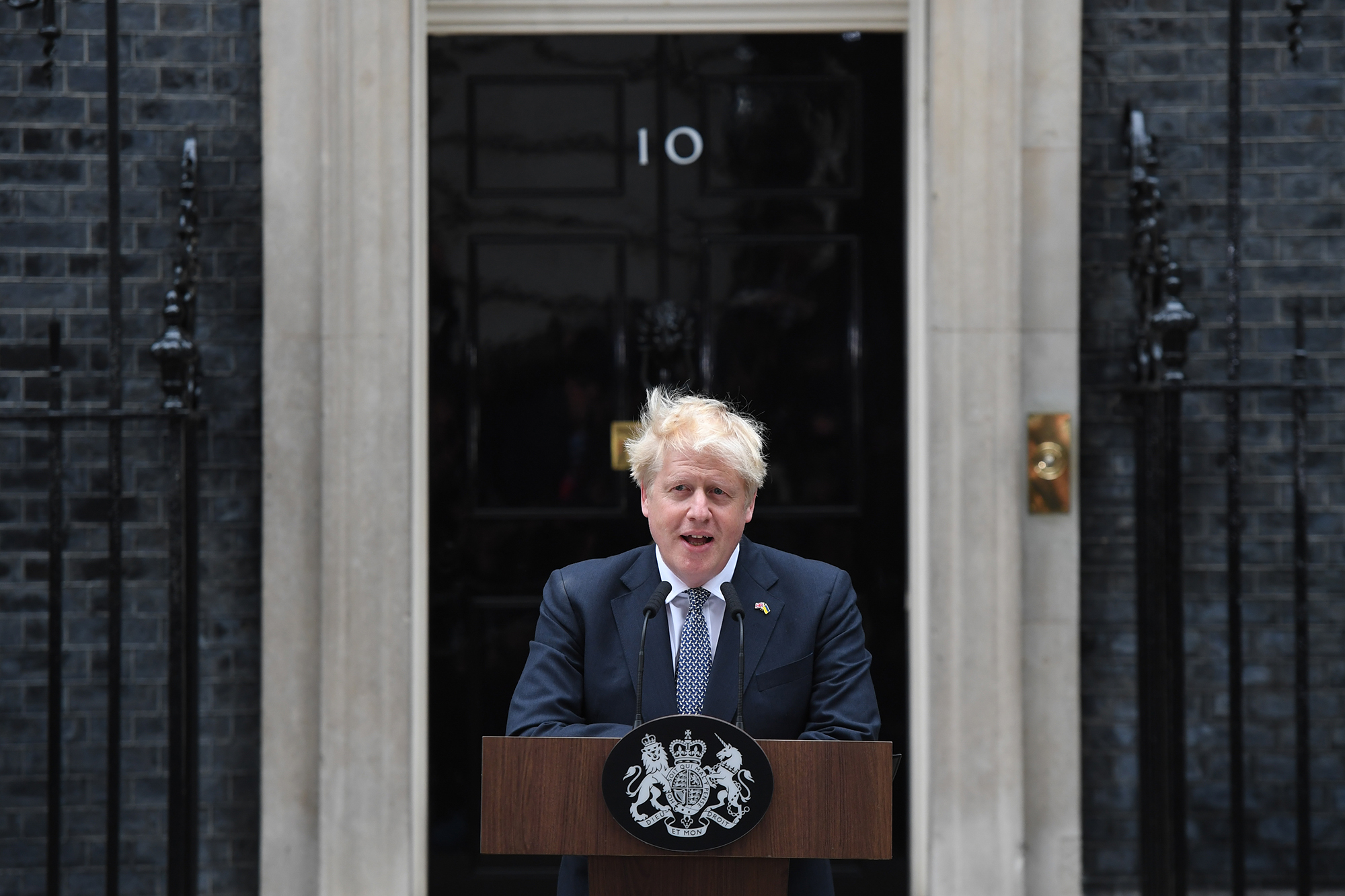 UK prime minister Boris Johnson makes a resignation speech outside 10 Downing Street in London, England, on July 7.