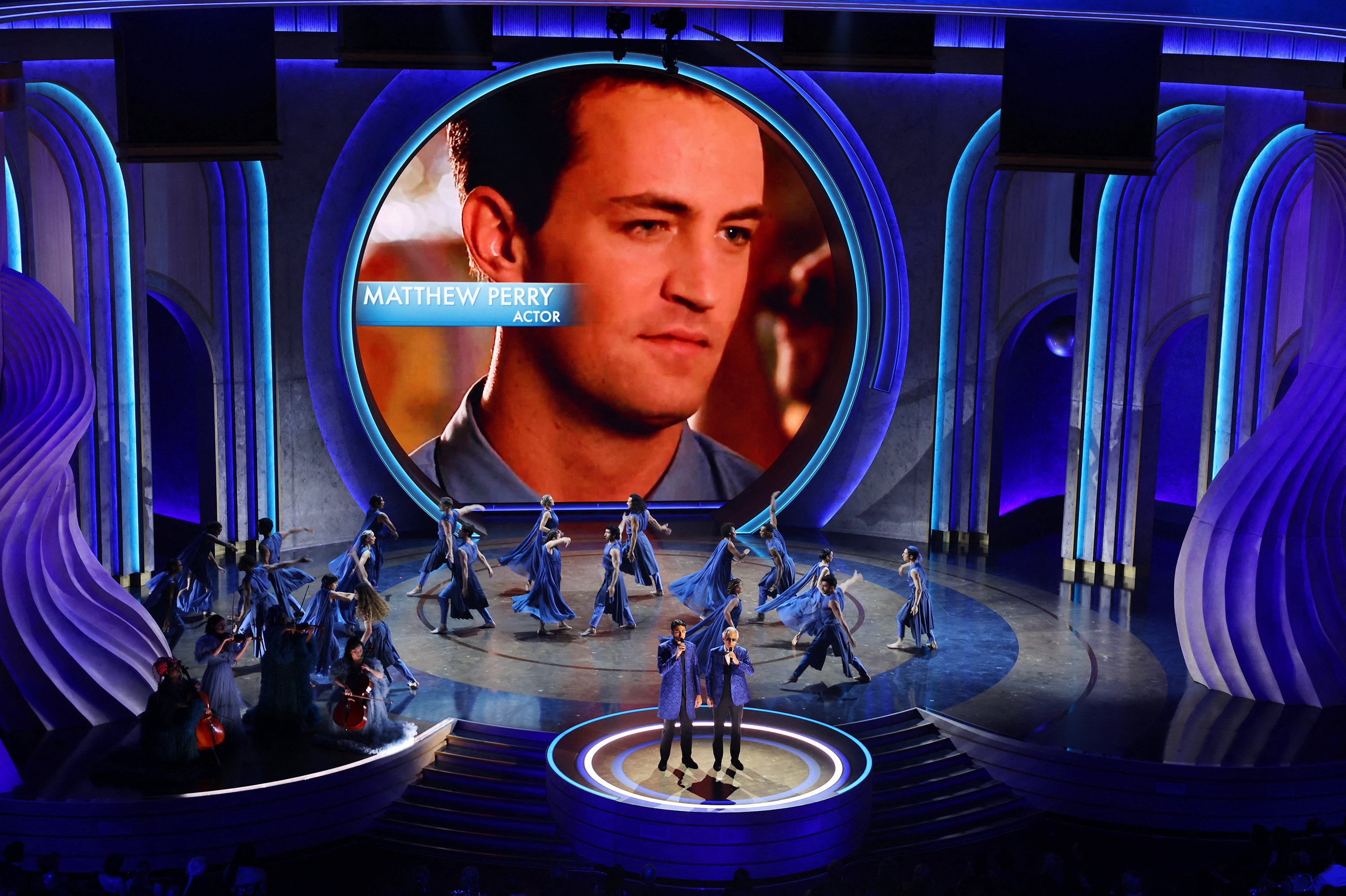 A photo of Matthew Perry is displayed during the In Memoriam tribute. 