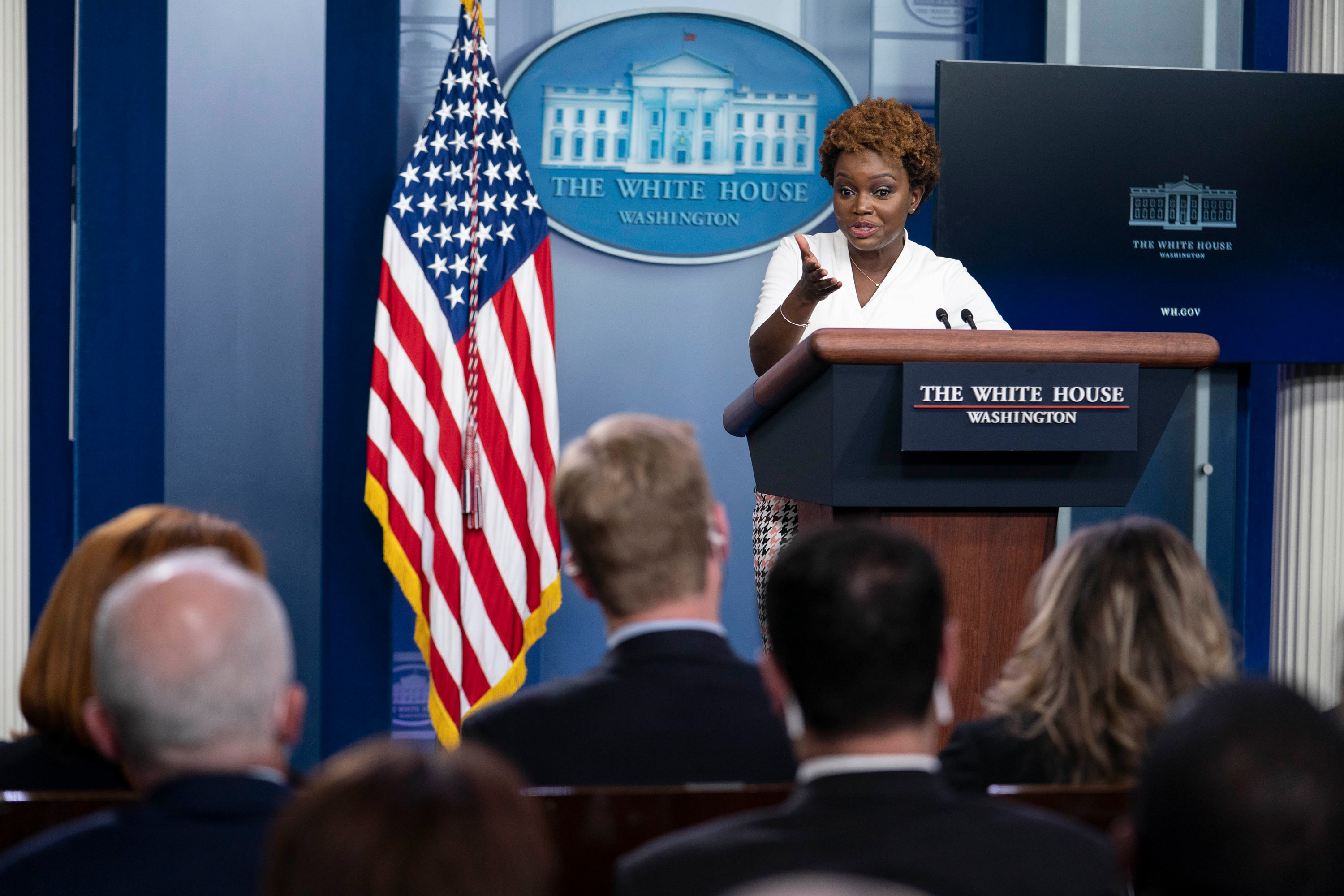 White House Deputy Press Secretary Karine Jean-Pierre speaks during the daily press briefing at the White House on November 5 in Washington, DC. 