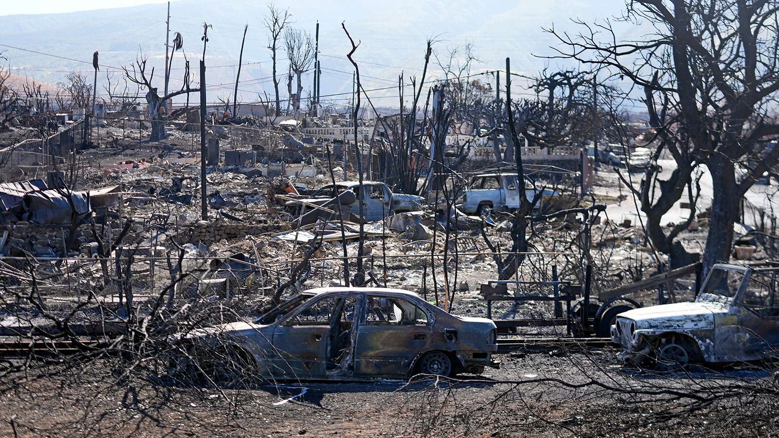 Destroyed homes and cars are seen in Lahaina, Hawaii on  August 13.