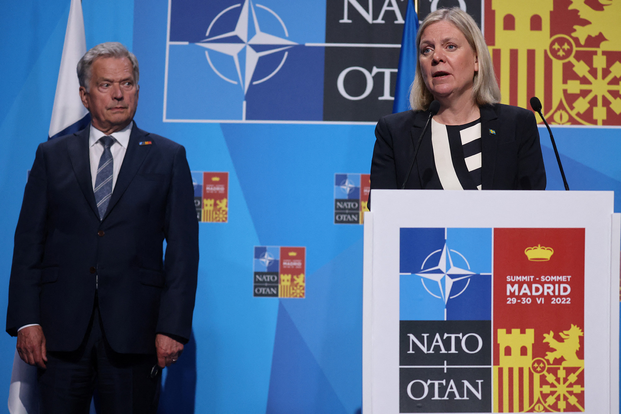 Sweden's Prime Minister Magdalena Andersson speaks next to Finland's President Sauli Niinisto during a news conference at the NATO summit in Madrid, Spain, on June 29.
