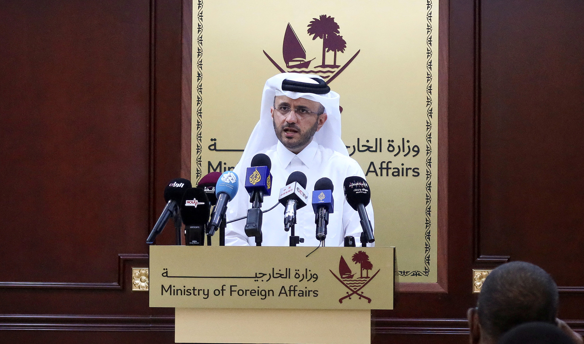 Qatar's Foreign Ministry spokesman, Majed Al-Ansari speaks during weekly press briefing at the Ministry of Foreign Affairs in Doha, Qatar, on April 23.