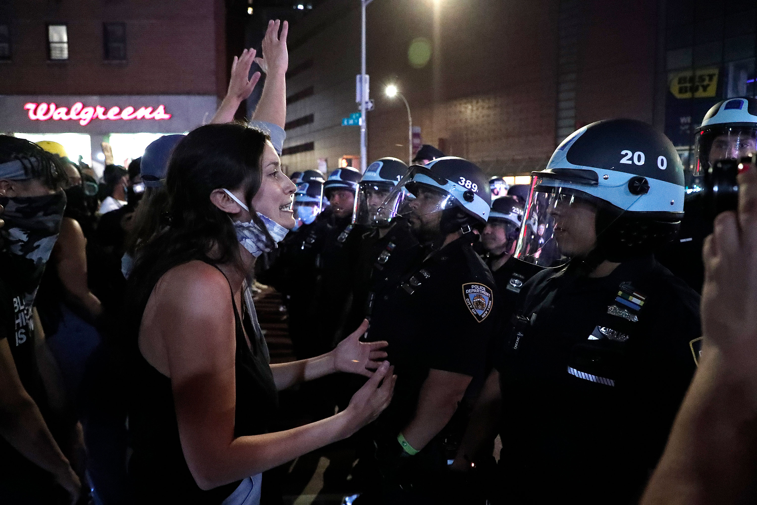 Protesters confront police during a demonstration in New York on May 29.