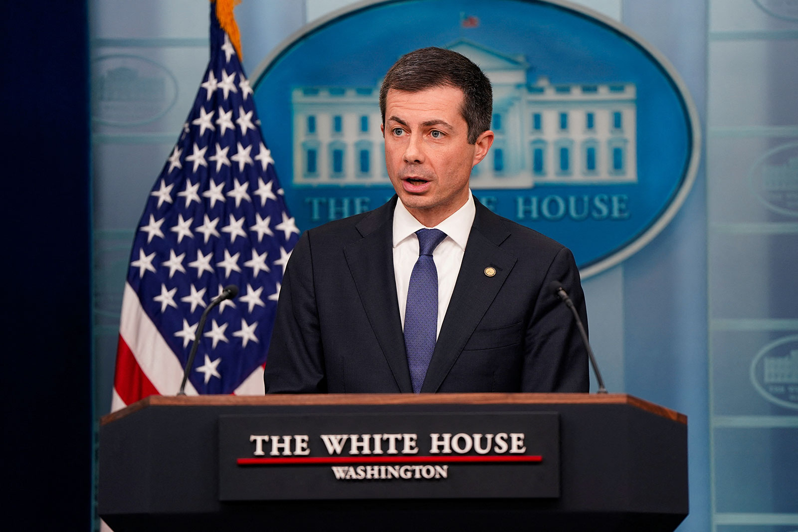 Secretary of Transportation Pete Buttigieg speaks during a press briefing at the White House in Washington, DC, on Wednesday. 