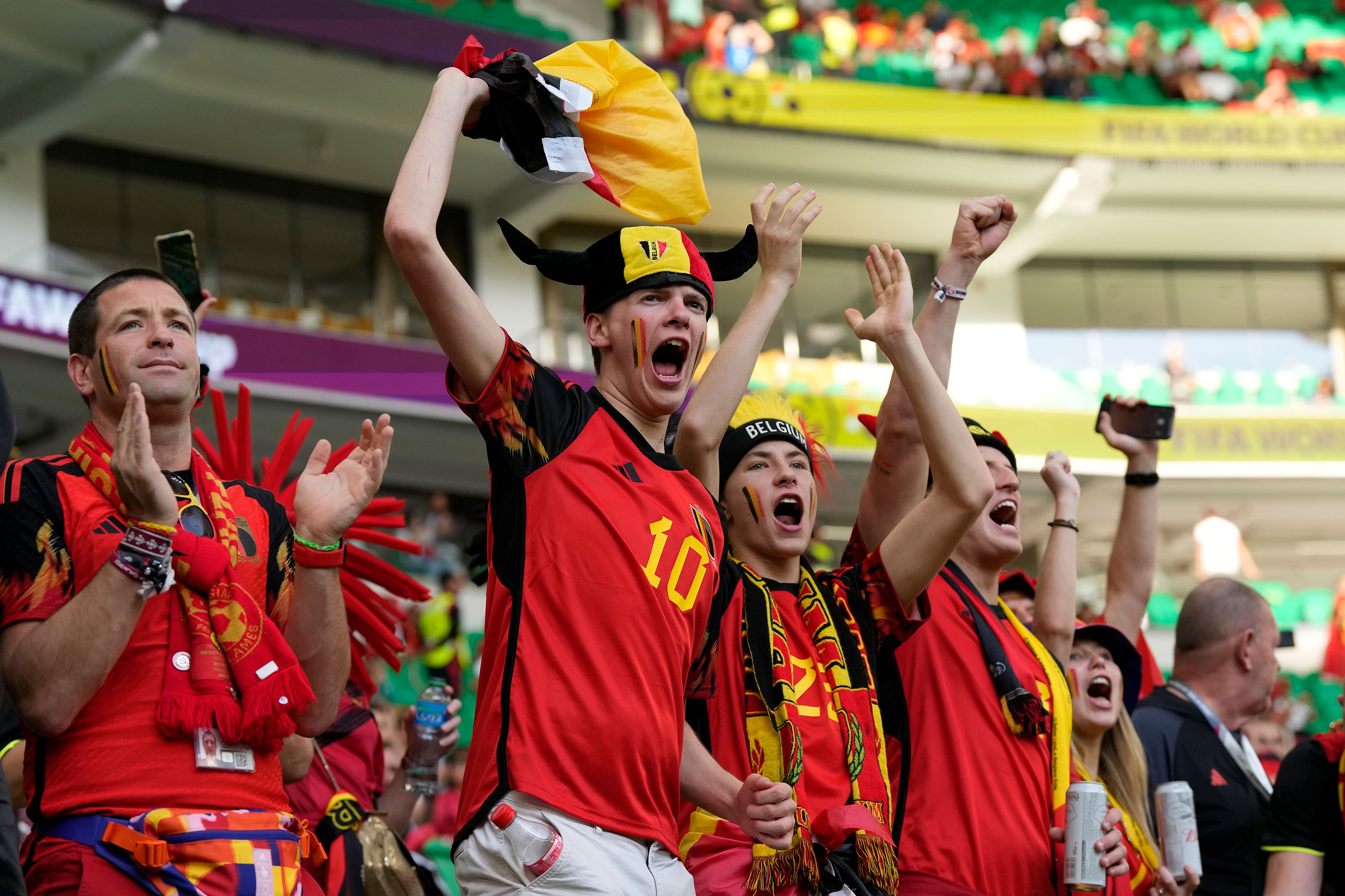 Belgium fans cheer ahead of the match against Morocco on Sunday. 