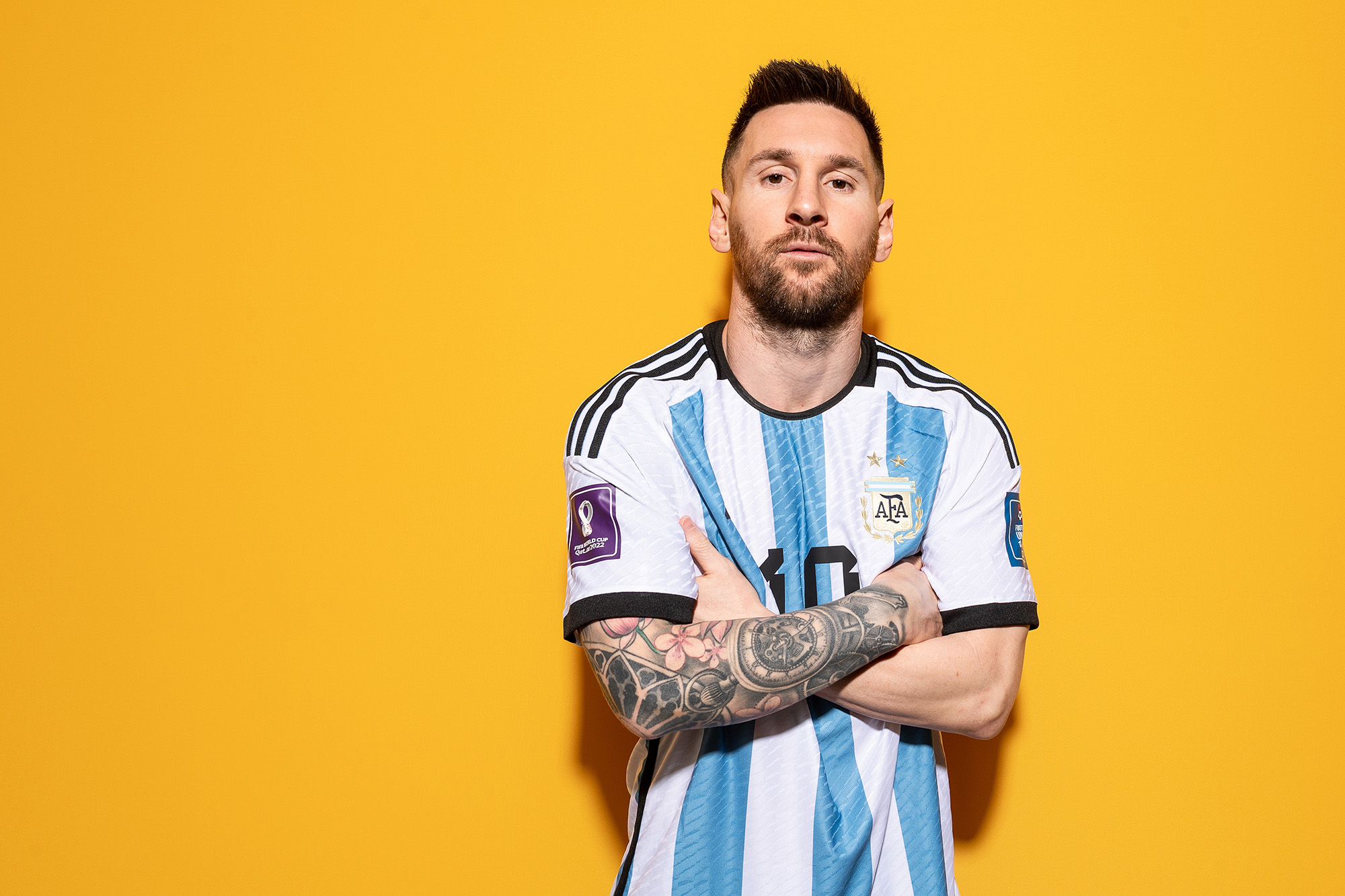 Lionel Messi of Argentina poses during an official FIFA World Cup Qatar 2022 portrait session on November 19, in Doha, Qatar.