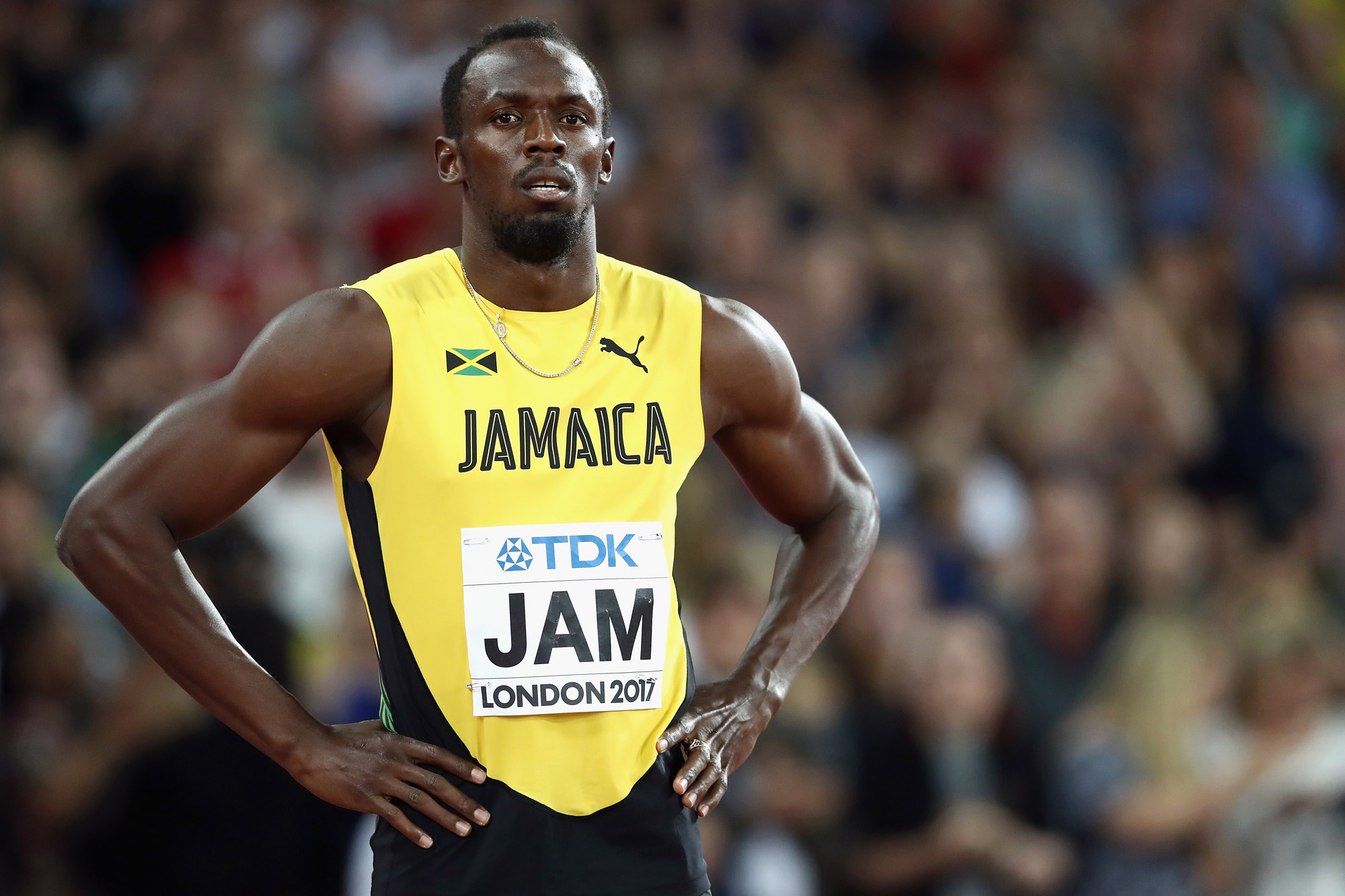 Usain Bolt prepares to compete during the 16th IAAF World Athletics Championships London 2017 at The London Stadium on August 12, 2017 in London. 