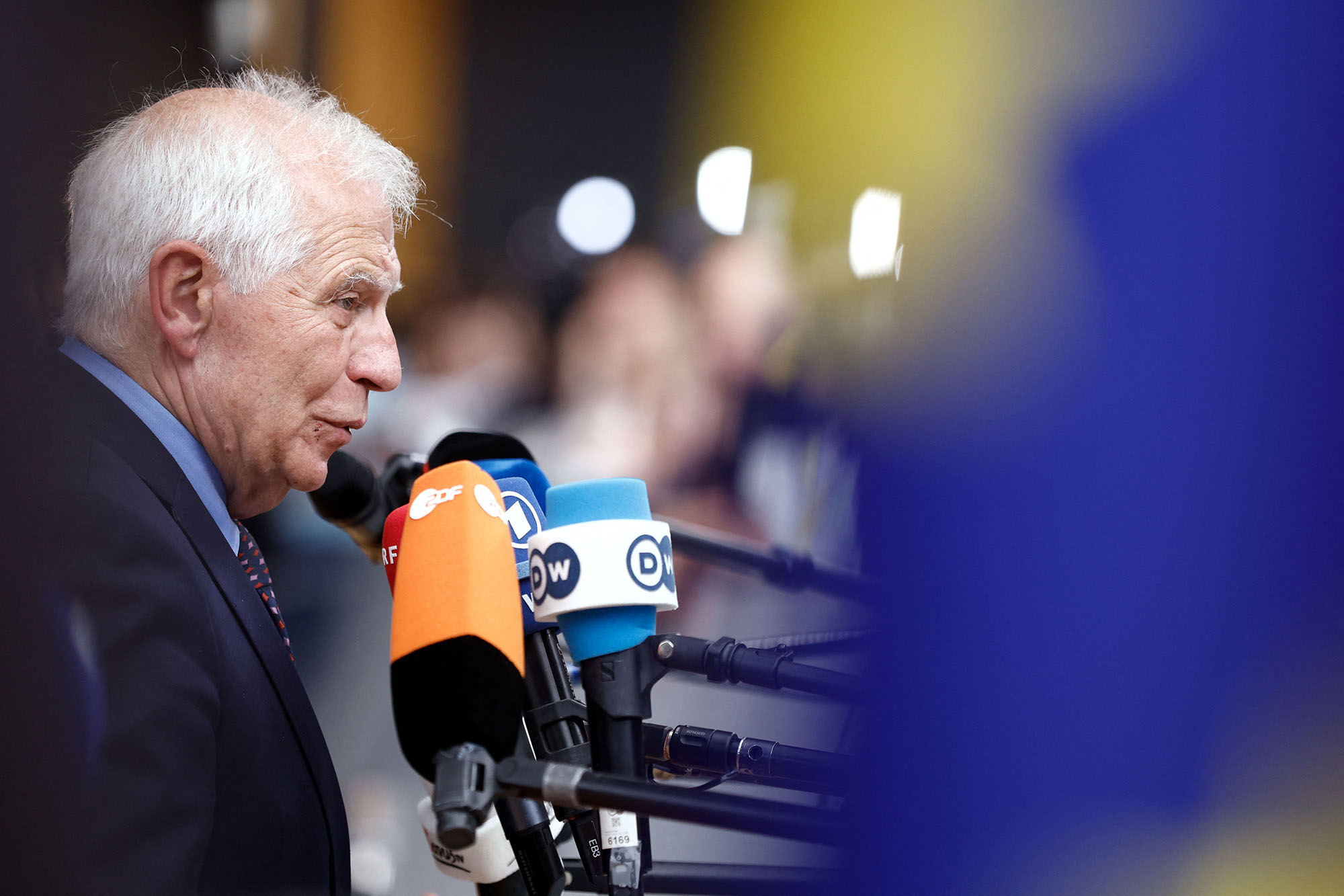 High Representative of the European Union for Foreign Affairs and Security Policy Josep Borrell talks to the media as he arrives for a European Council Summit, at the EU headquarters in Brussels, Belgium, on June 29.