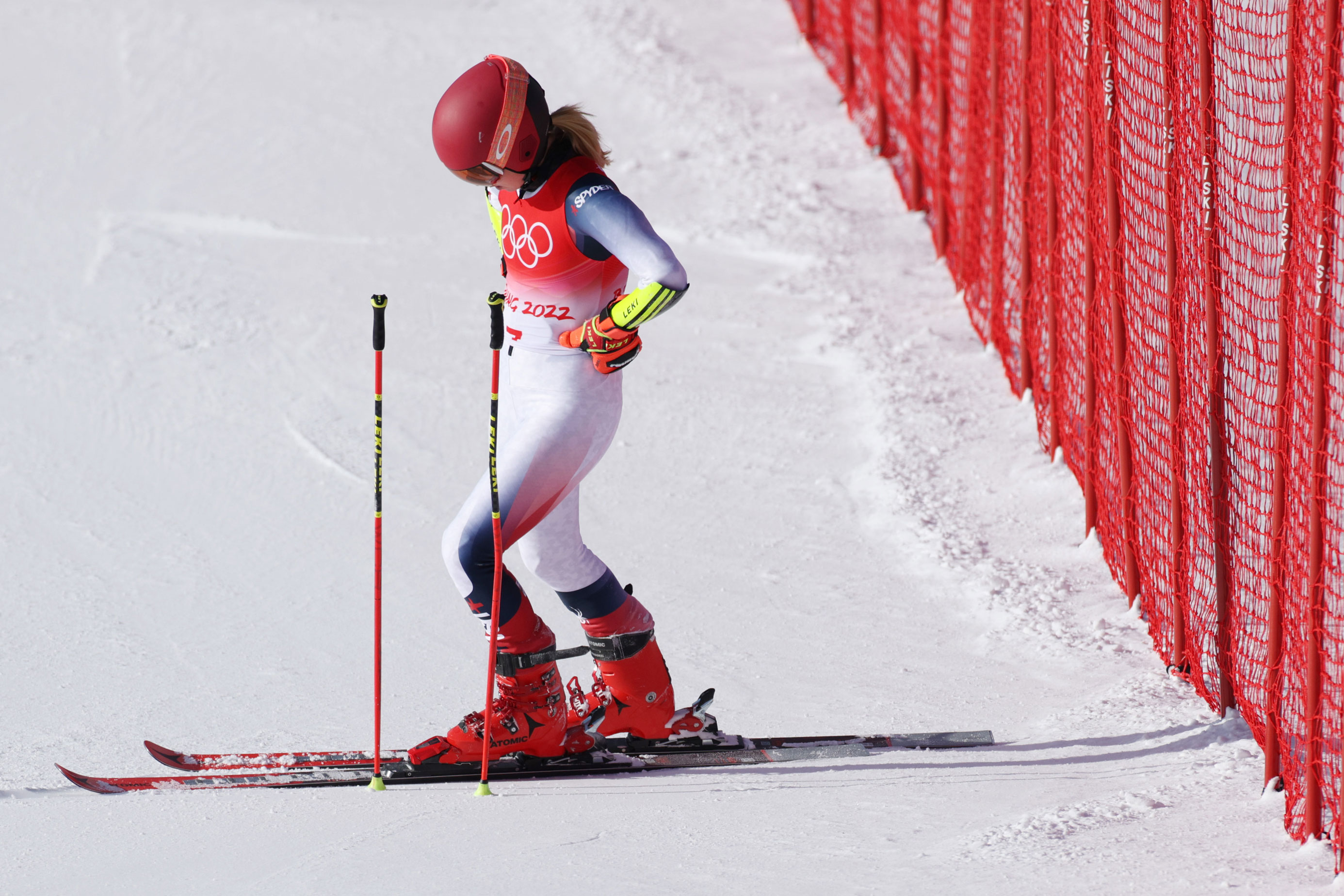 American skiing star Mikaela Shiffrin reacts after not finishing her run during the women's giant slalom.