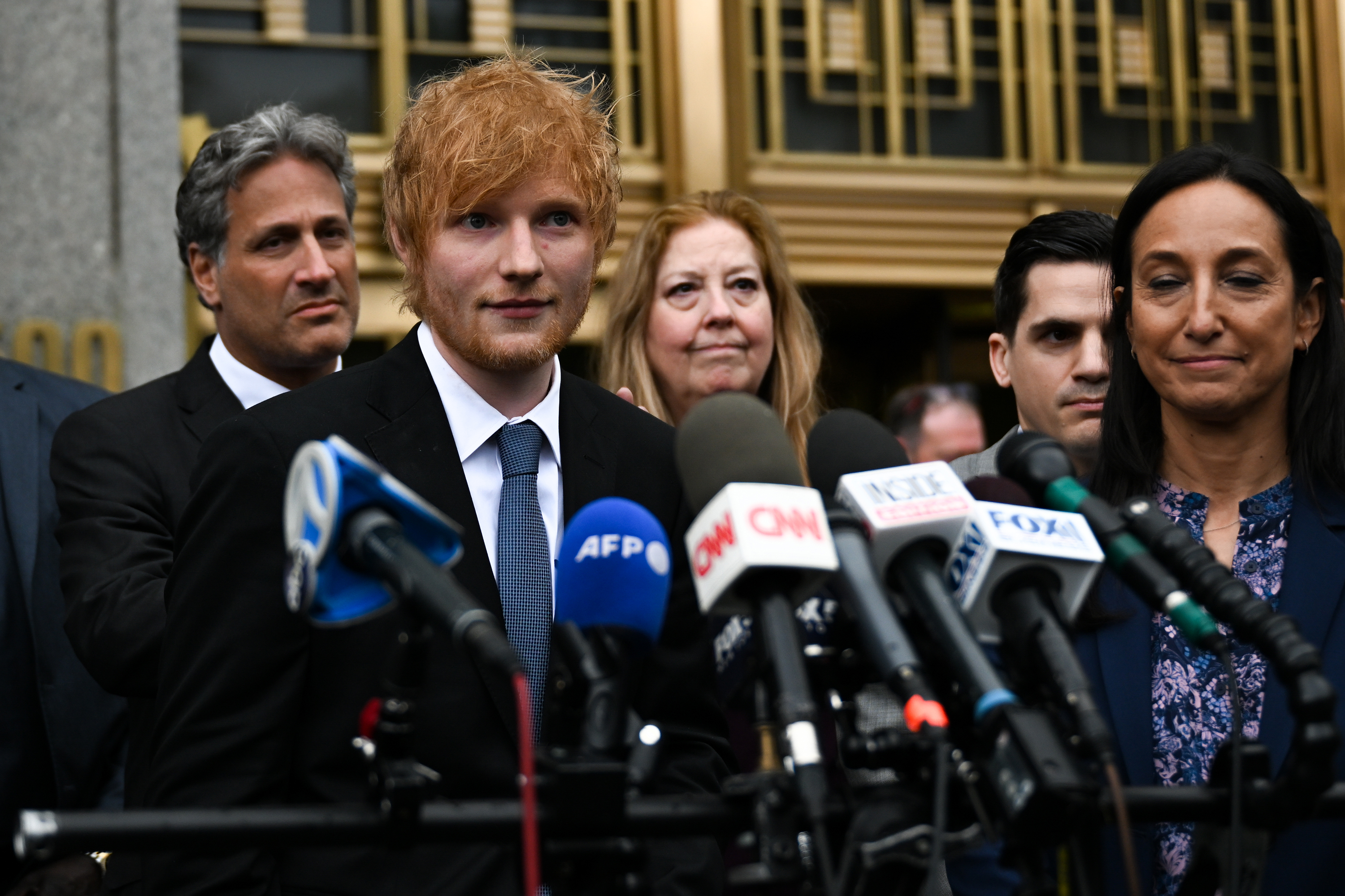 Ed Sheeran leaves Manhattan Federal Court and speaks to media after he was found not guilty in a music copyright trial on May 4, in New York City.