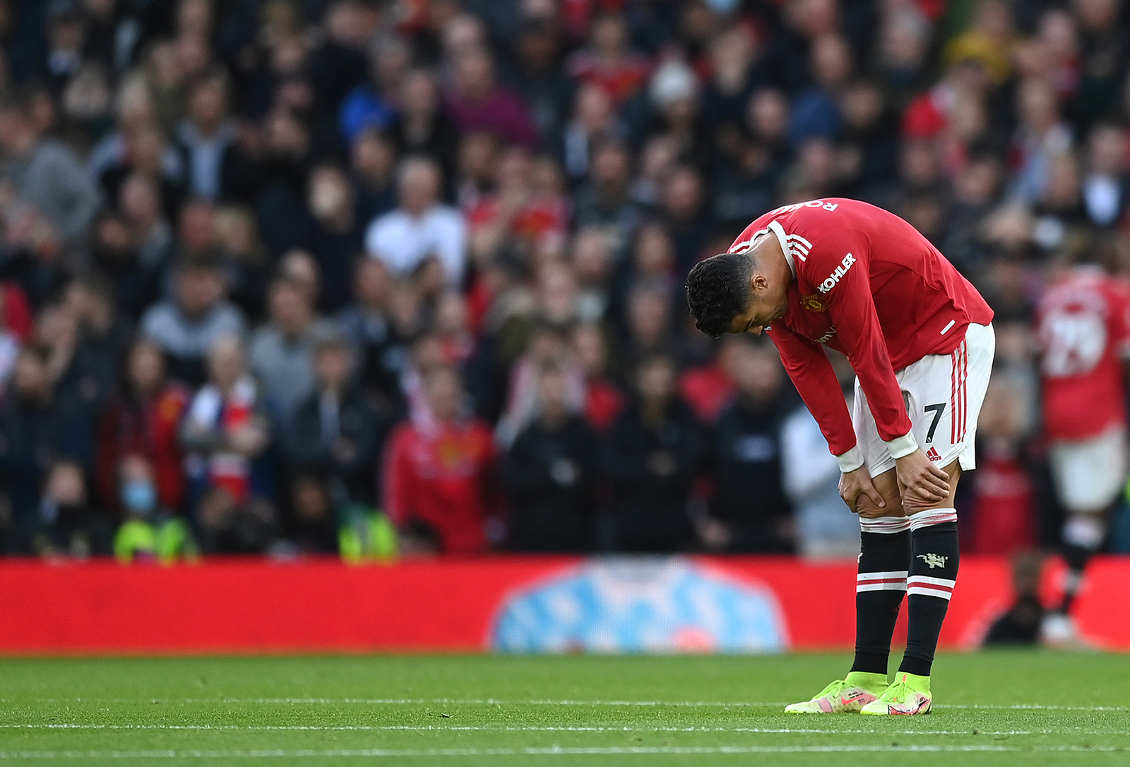 Cristiano Ronaldo of Manchester United looks dejected after their side concedes a second goal scored by Diogo Jota of Liverpool during the Premier League match.