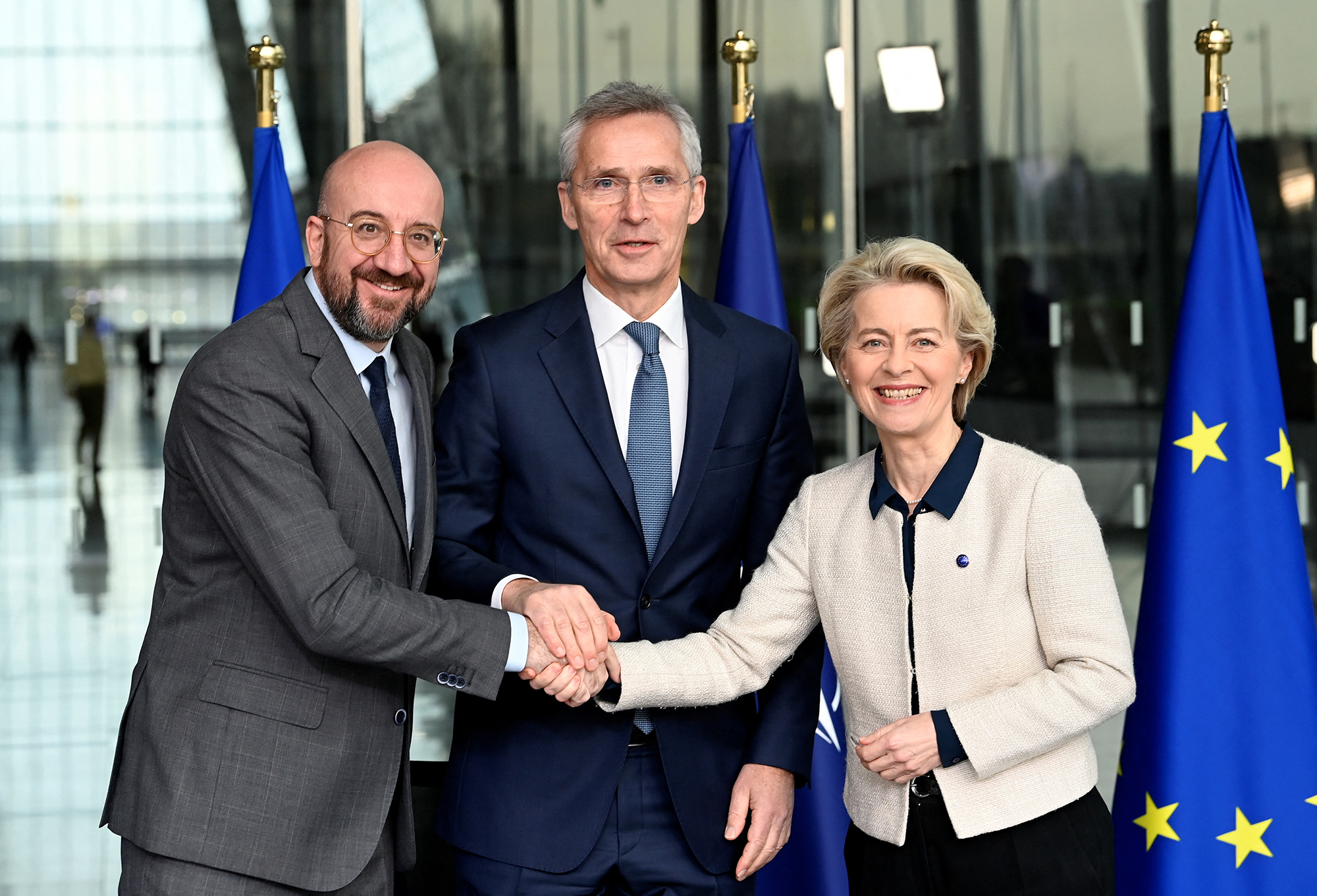 NATO's Secretary General Jens Stoltenberg, President of the European Council Charles Michel and President of the European Commission Ursula von der Leyen pose following the signing of a joint declaration of cooperation between the EU and NATO in Brussels, Belgium, on January 10.
