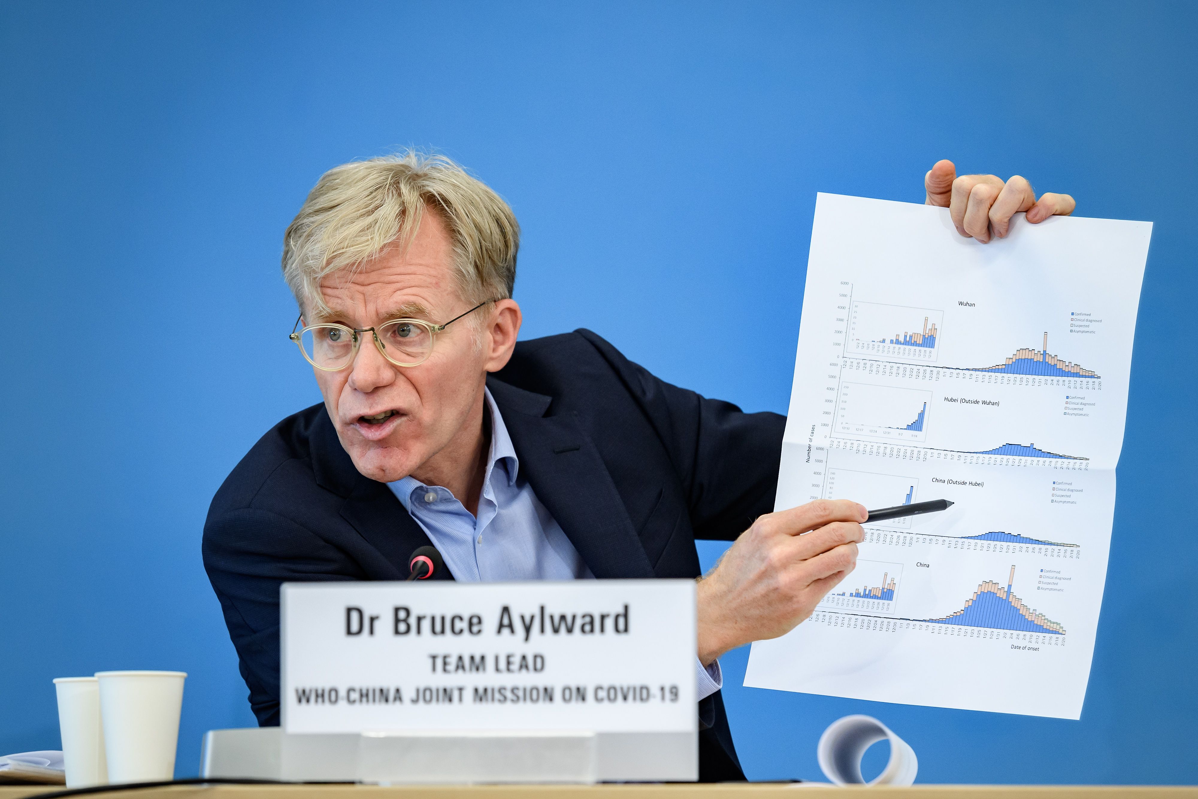 Dr. Bruce Aylward shows graphics related to the coronavirus during a press conference at the WHO headquarters in Geneva on Tuesday, February 25.