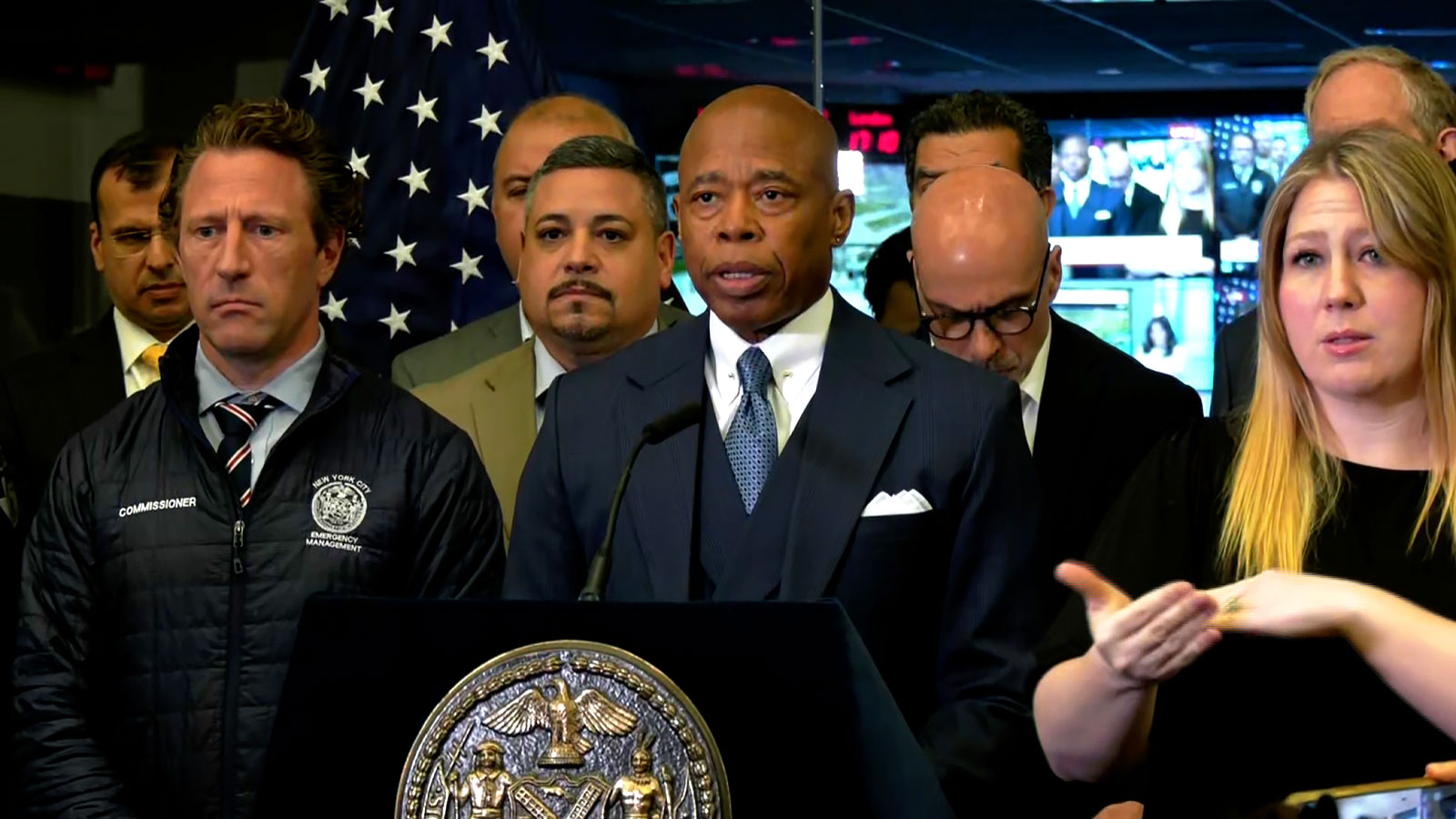 New York City Mayor Eric Adams speaks during a press conference in New York on Friday.