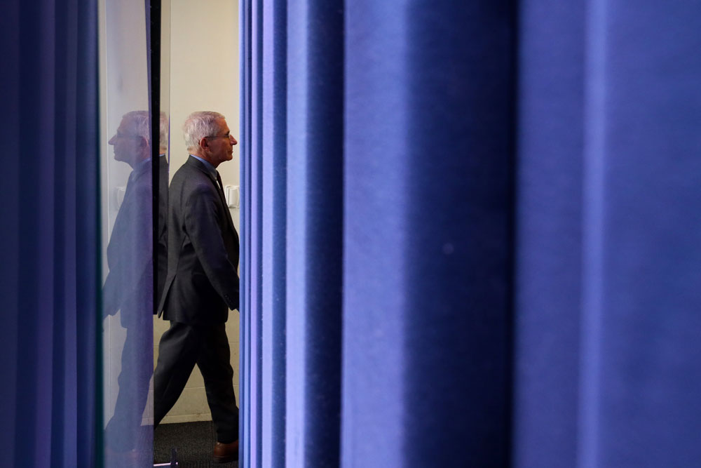 National Institute of Allergy and Infectious Diseases Director Anthony Fauci leaves after the daily briefing of the White House Coronavirus Task Force in the James Brady Briefing Room April 10 at the White House in Washington.