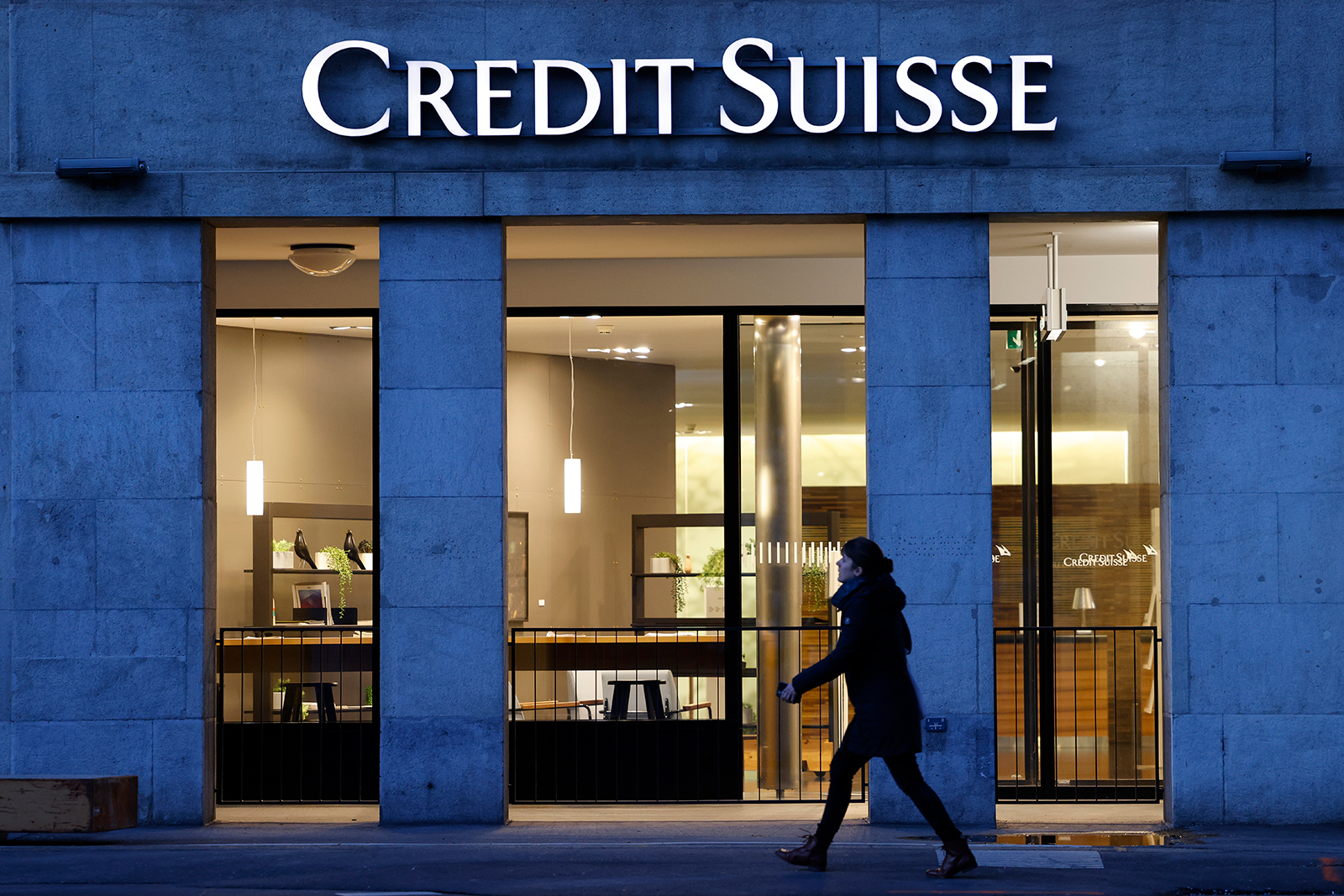 A Credit Suisse Group AG office building at night in Bern, Switzerland, on March 15.