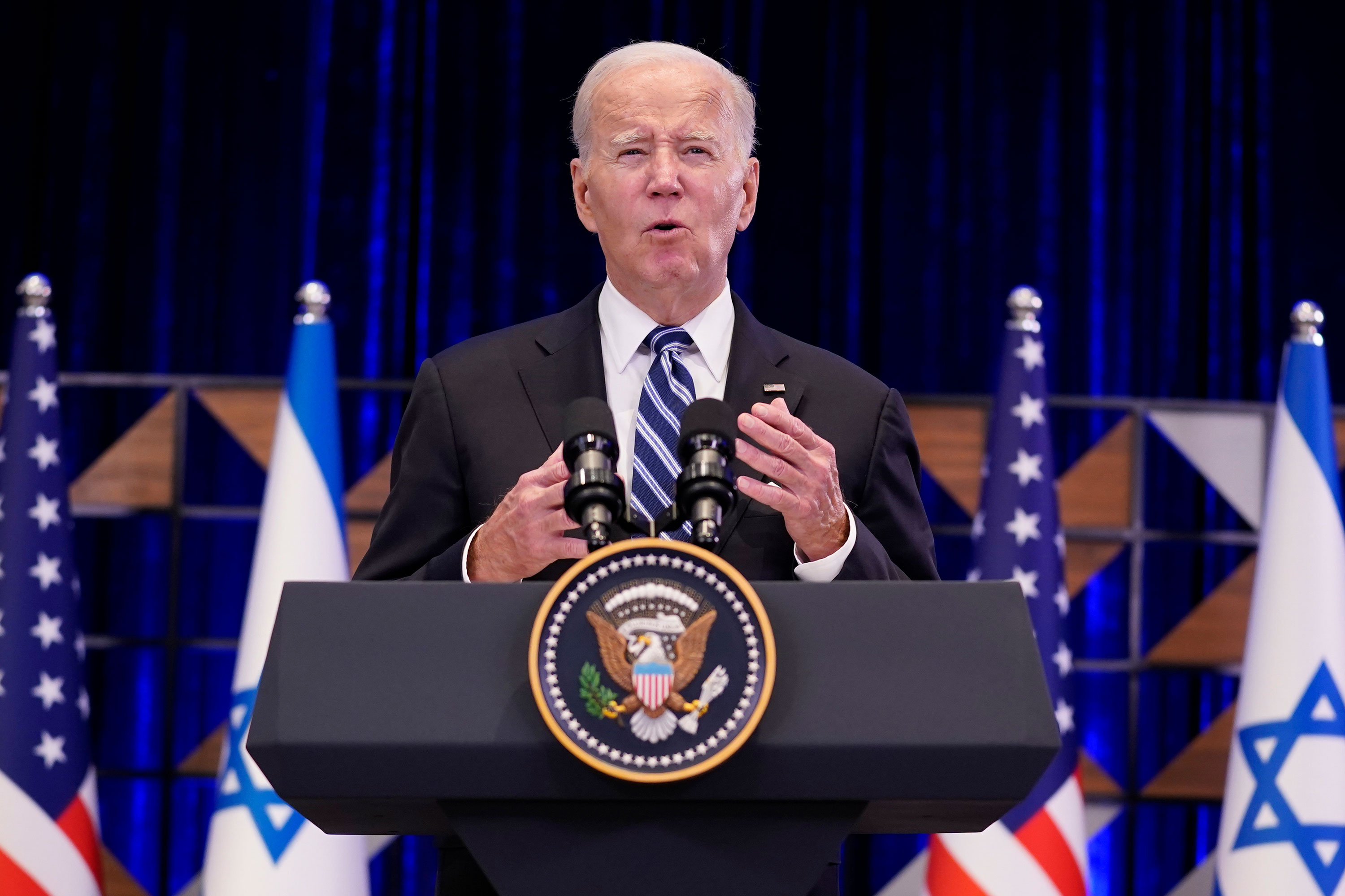 President Joe Biden delivers remarks in Tel Aviv.