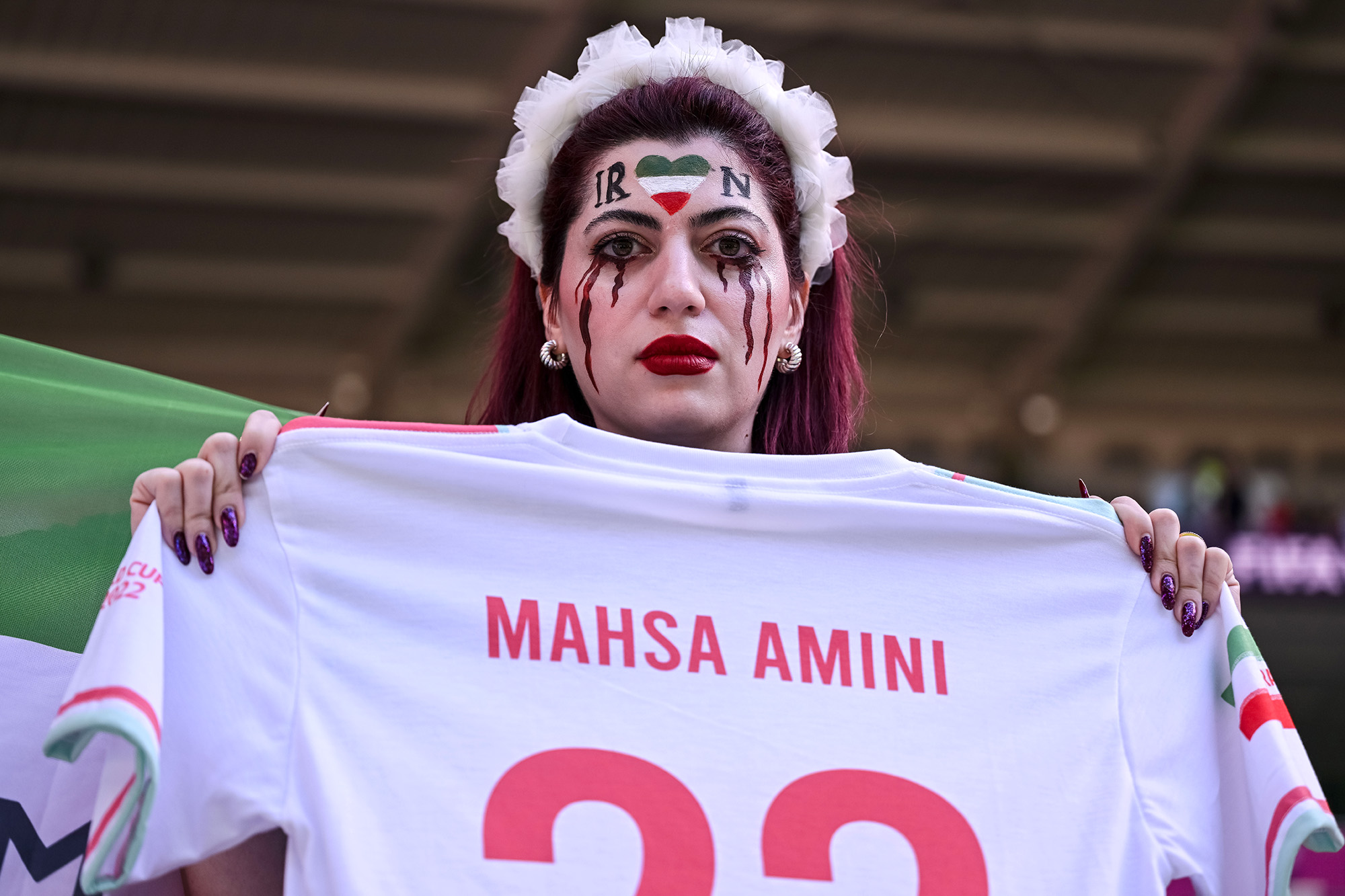 Fans of Iran protest over the death of Mahsa Amini in Iran prior to the FIFA World Cup Qatar 2022 Group B match between Wales and IR Iran at Ahmad Bin Ali Stadium, on November 25.