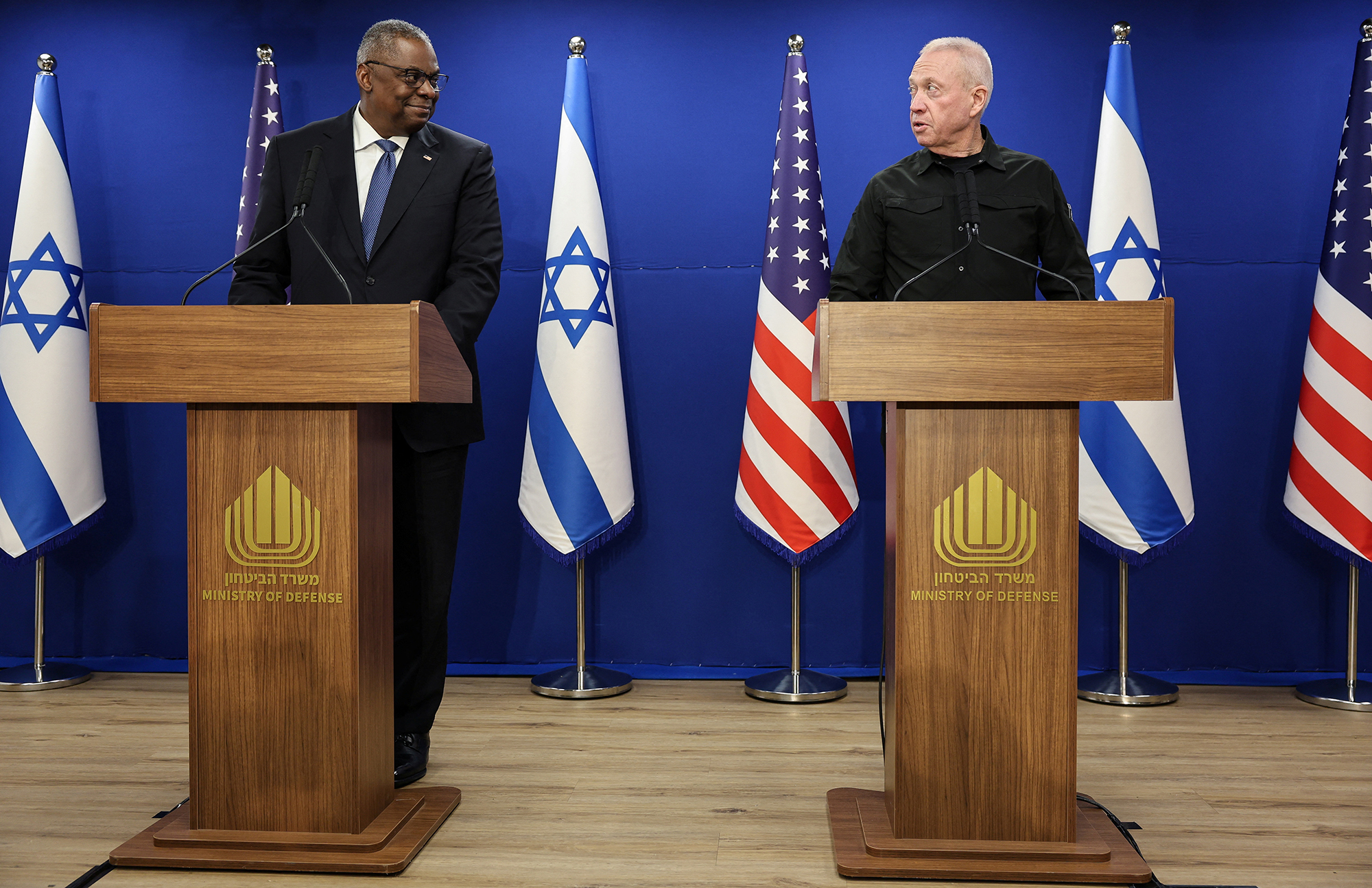 U.S. Secretary of Defense Lloyd Austin, left, and Israeli Defense Minister Yoav Gallant hold a joint press conference at Israel's Ministry of Defense in Tel Aviv, Israel, on December 18.