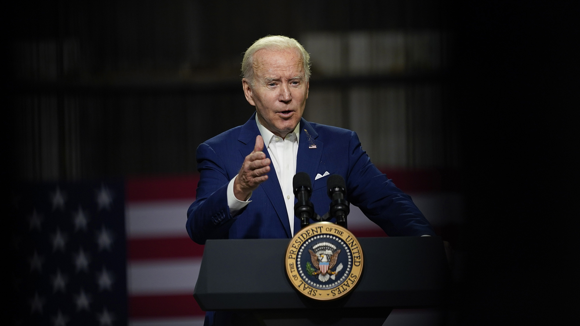 President Joe Biden speaks at POET Bioprocessing in Menlo, Iowa on Tuesday, April 12.
