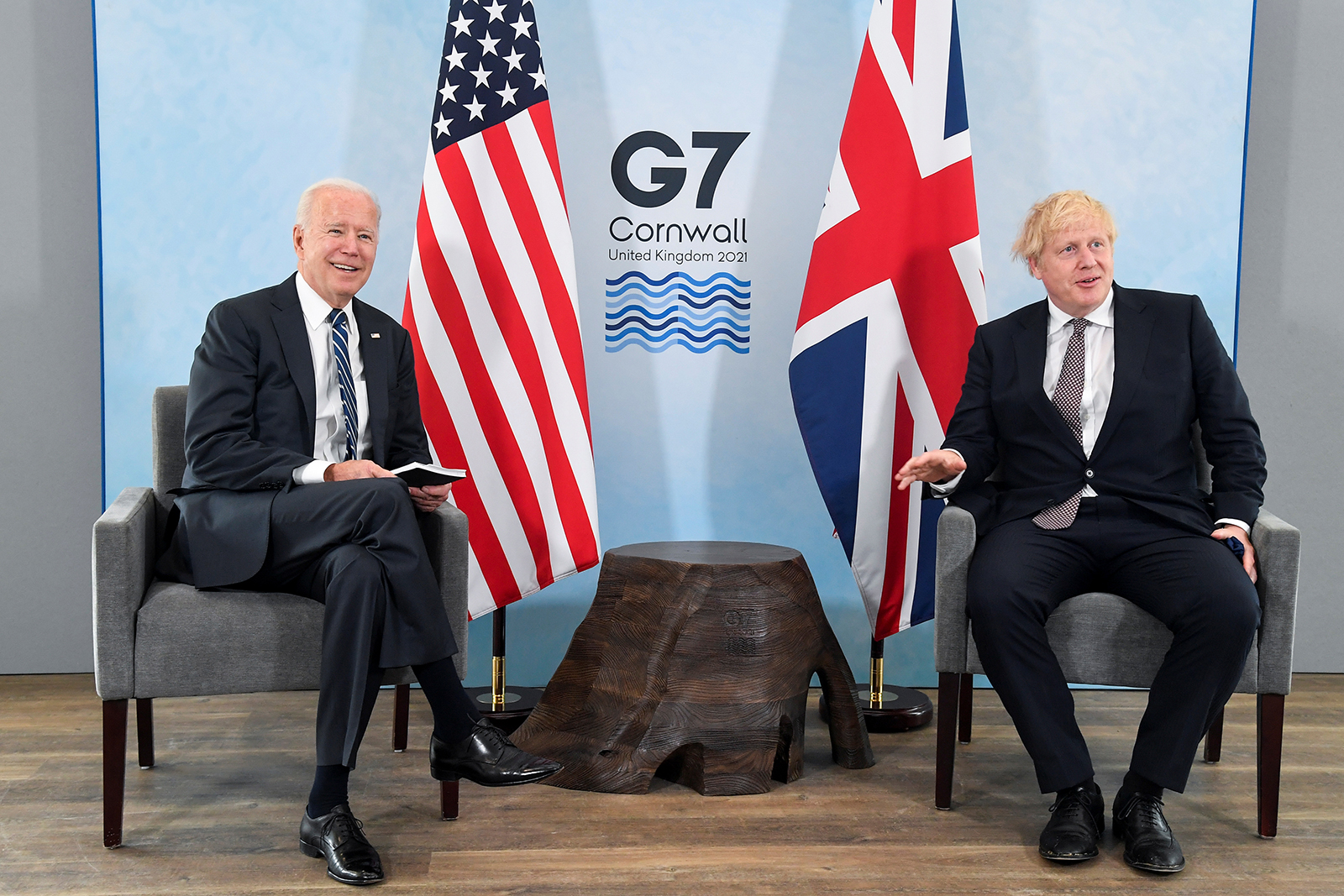 Britain's Prime Minister Boris Johnson meets with US President Joe Biden, ahead of the G7 summit, at Carbis Bay Hotel, on June 10, near St Ives, England. 
