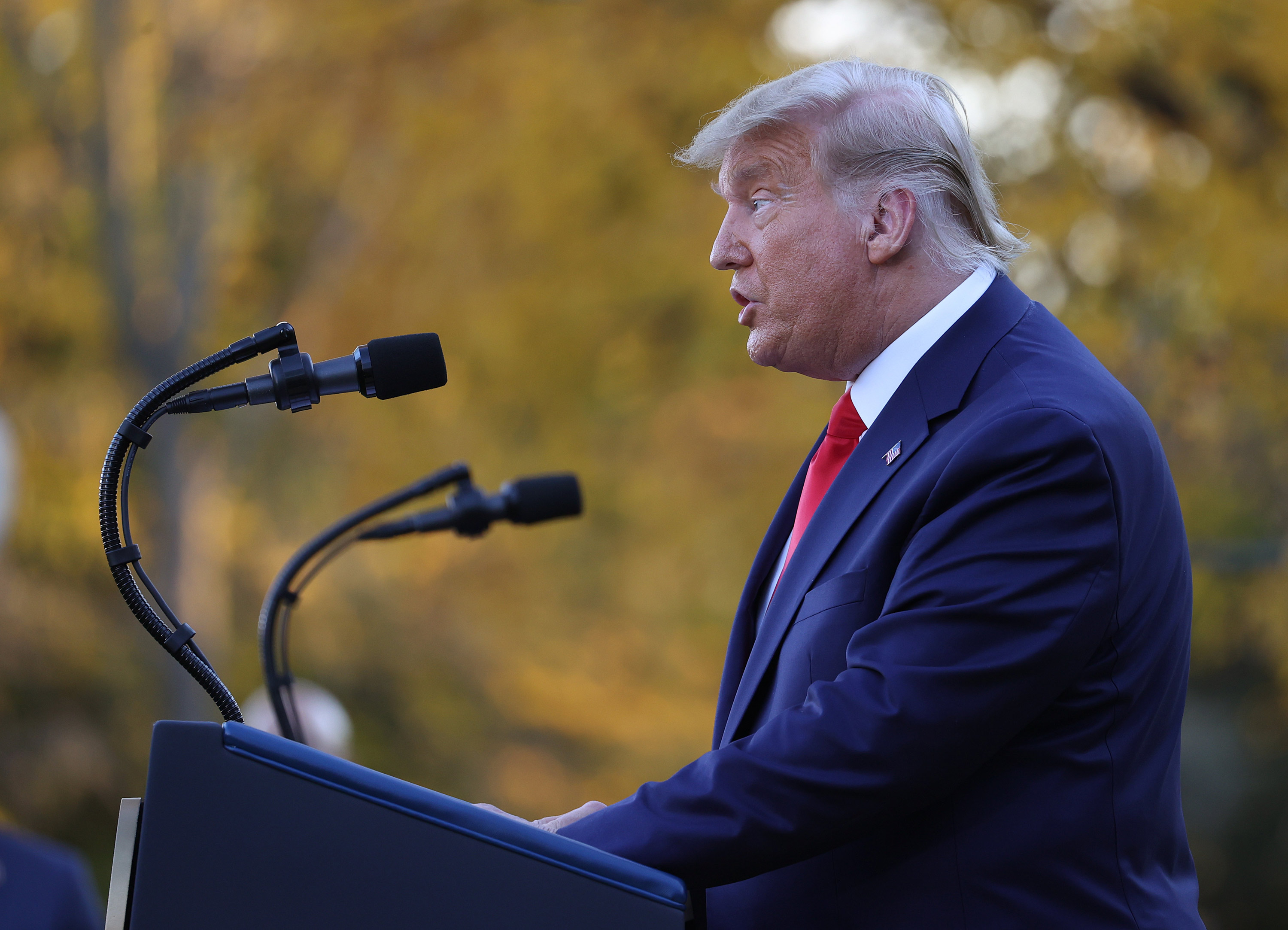 President Donald Trump speaks in the Rose Garden at the White House on November 13 in Washington, DC. 