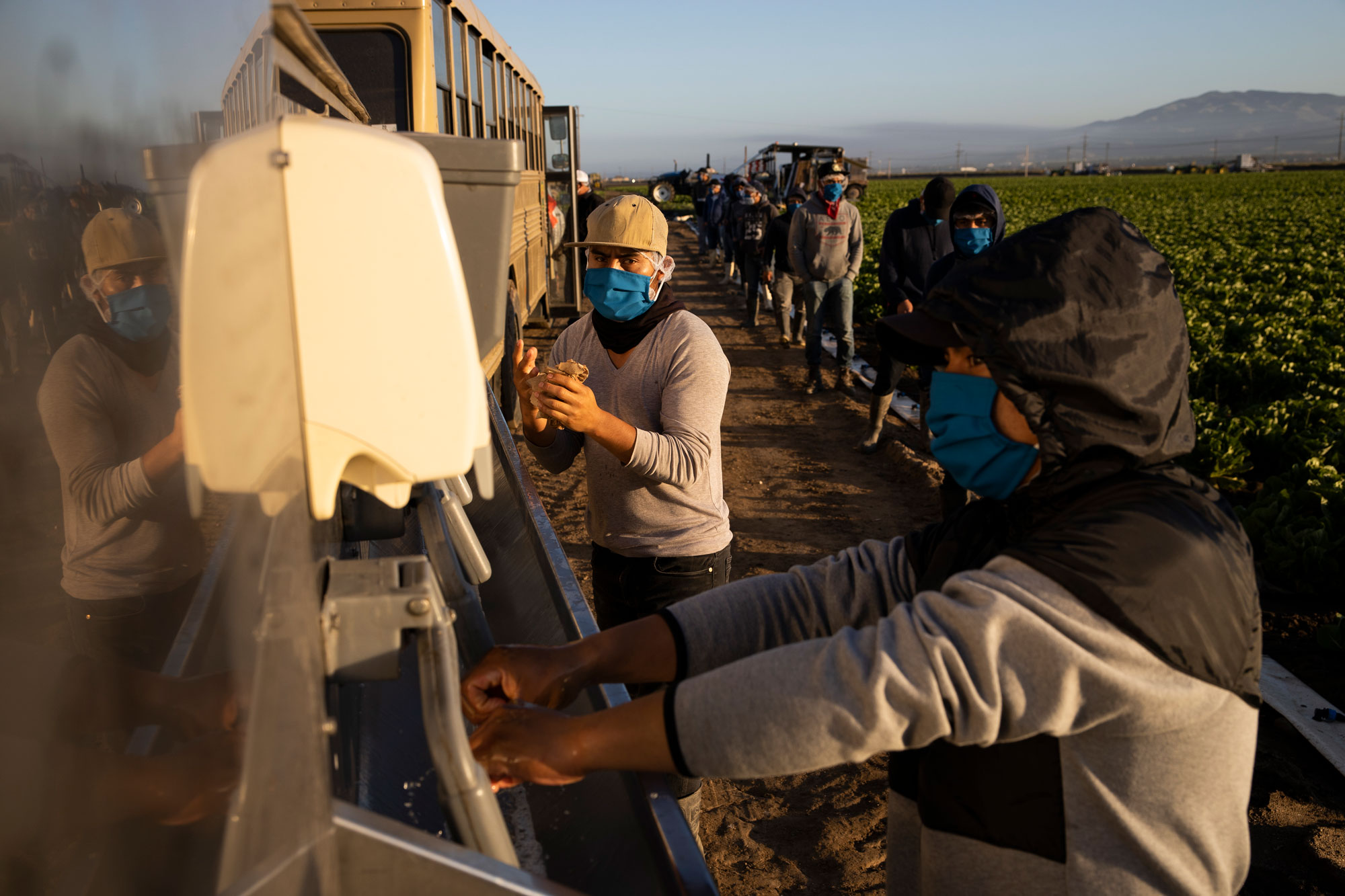 Farm laborers with Fresh Harvest wash their hands before work on April 28 in Greenfield, California. 