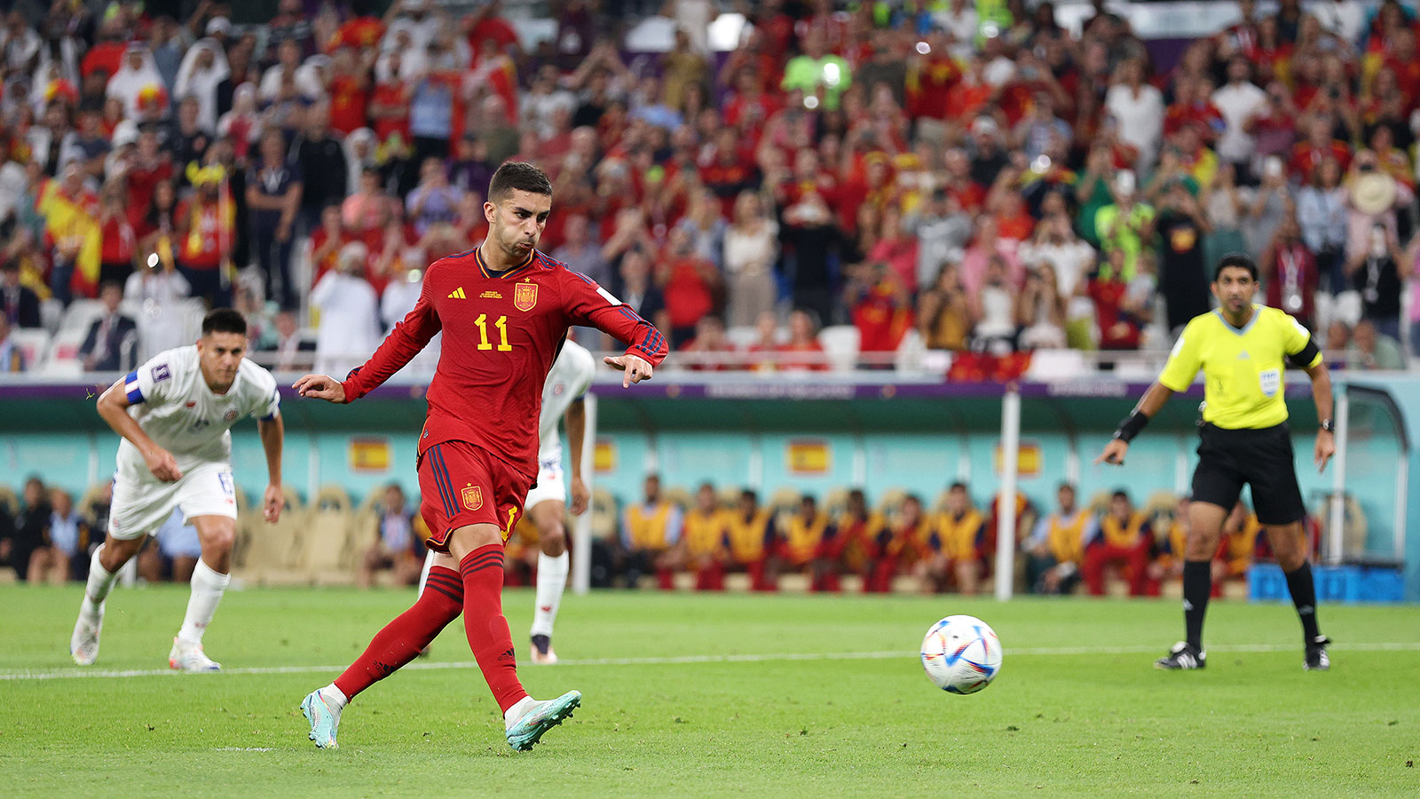 Ferran Torres of Spain converts the penalty to score his side's third goal during the match against Costa Rica on November 23.