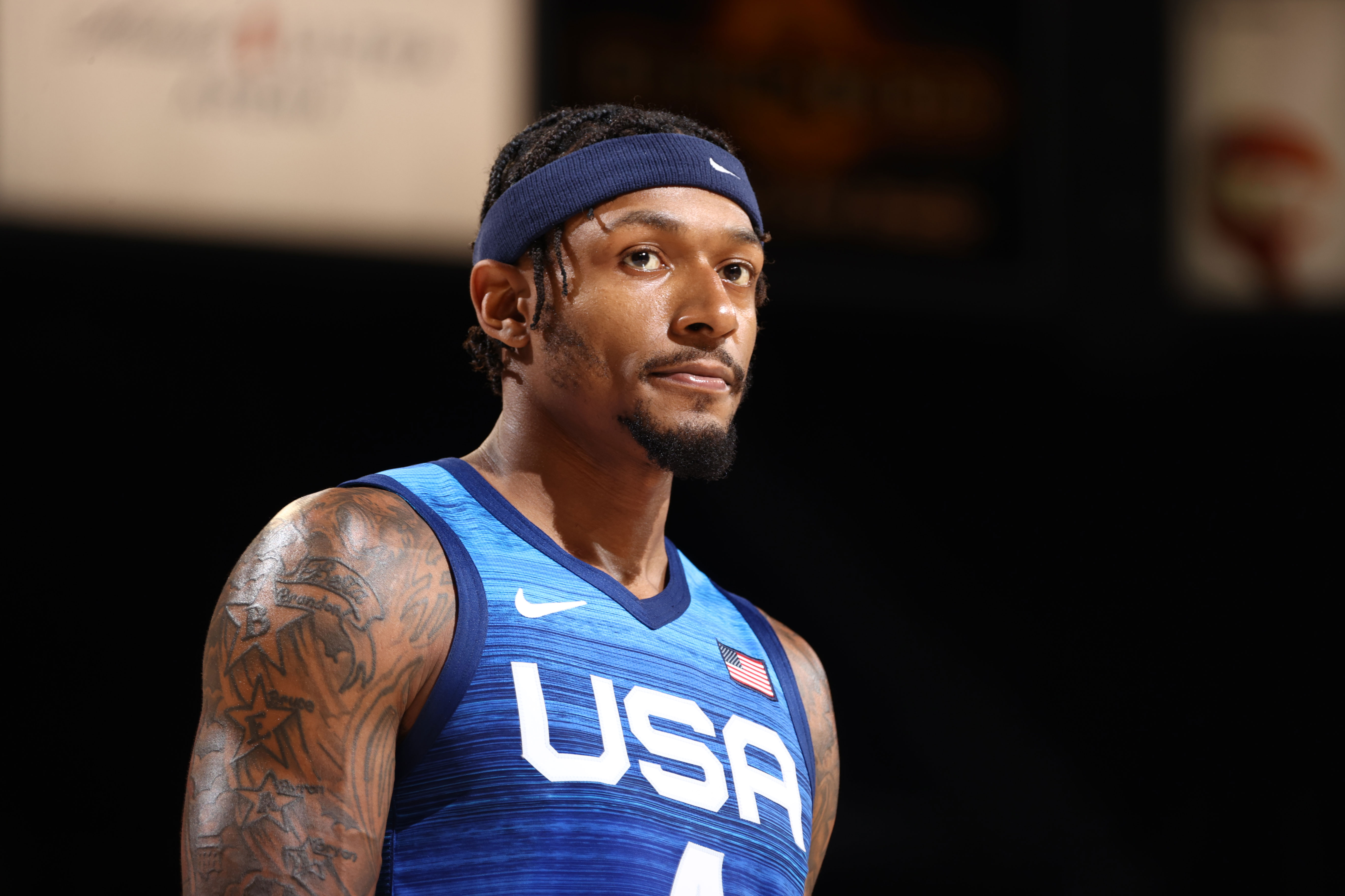 Team USA basketball guard Bradley Beal looks on during a game against Argentina in Las Vegas on July 13, 2021.