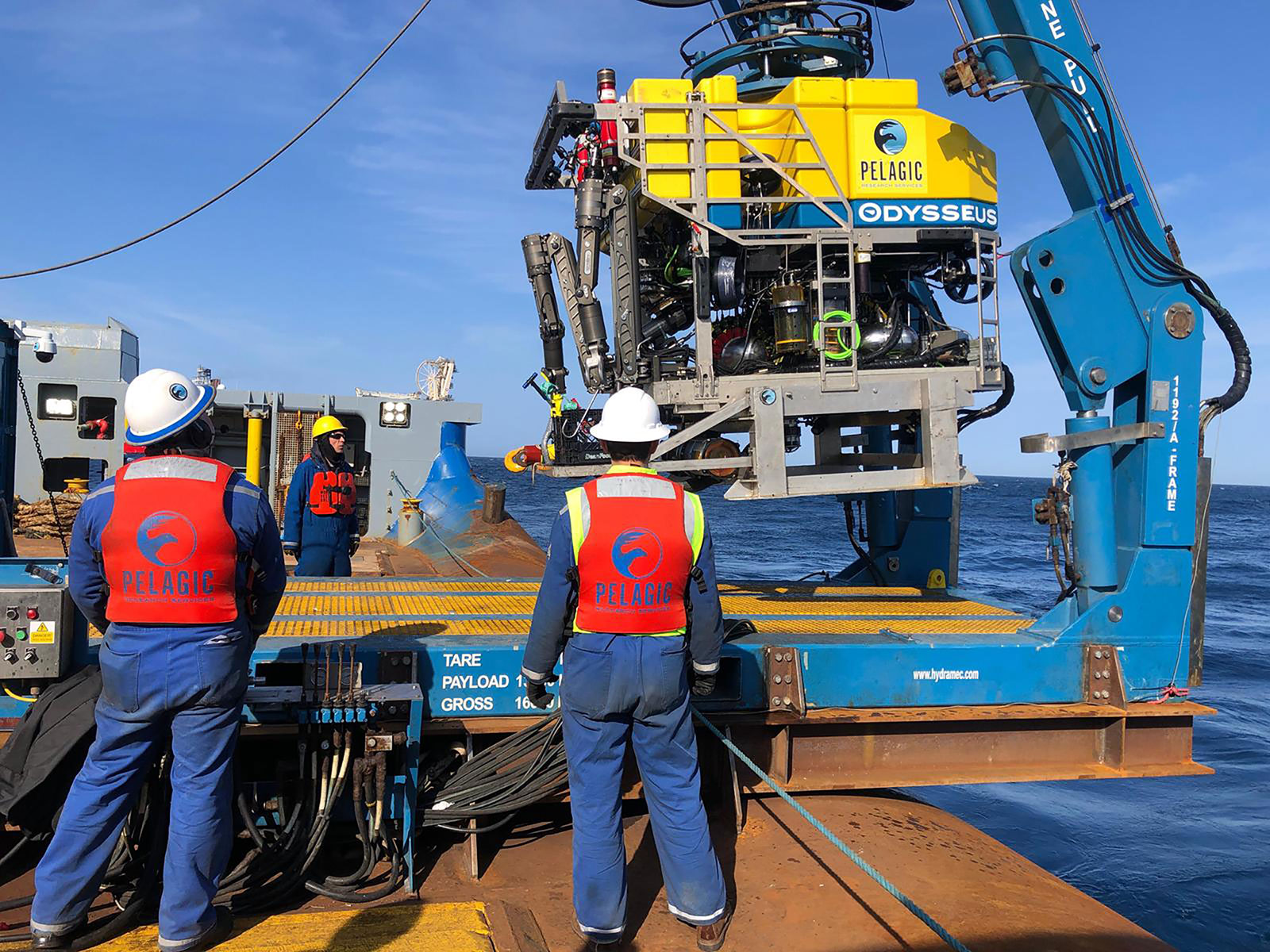 Pelagic's remotely operated vehicle Odysseus 6 is lifted out of the ocean after searching for debris from the Titan submersible on June 22.