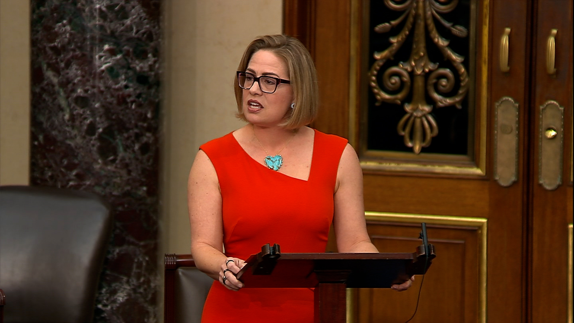 This screengrab from Senate TV shows Sen. Kyrsten Sinema on the floor on Wednesday.