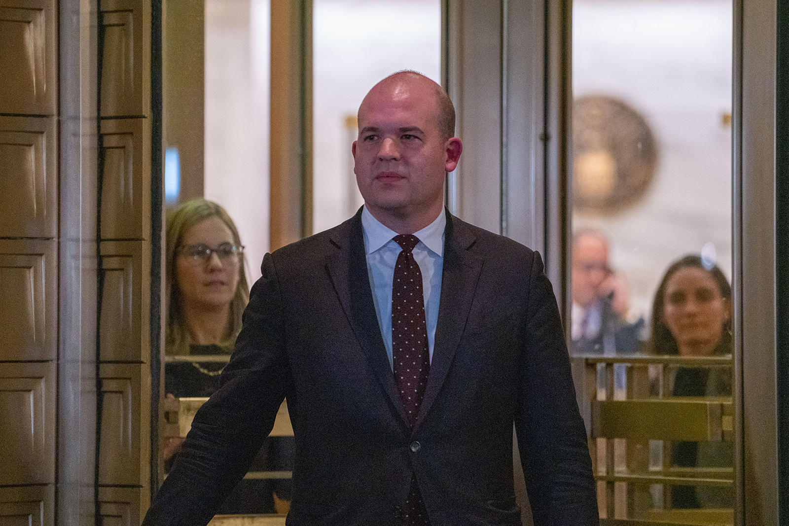 Assistant United States District Attorney Nicolas Roos stepping out of federal court on November 2, 2023, after a guilty verdict was reached on the fraud trial of Samuel Bankman-Fried.