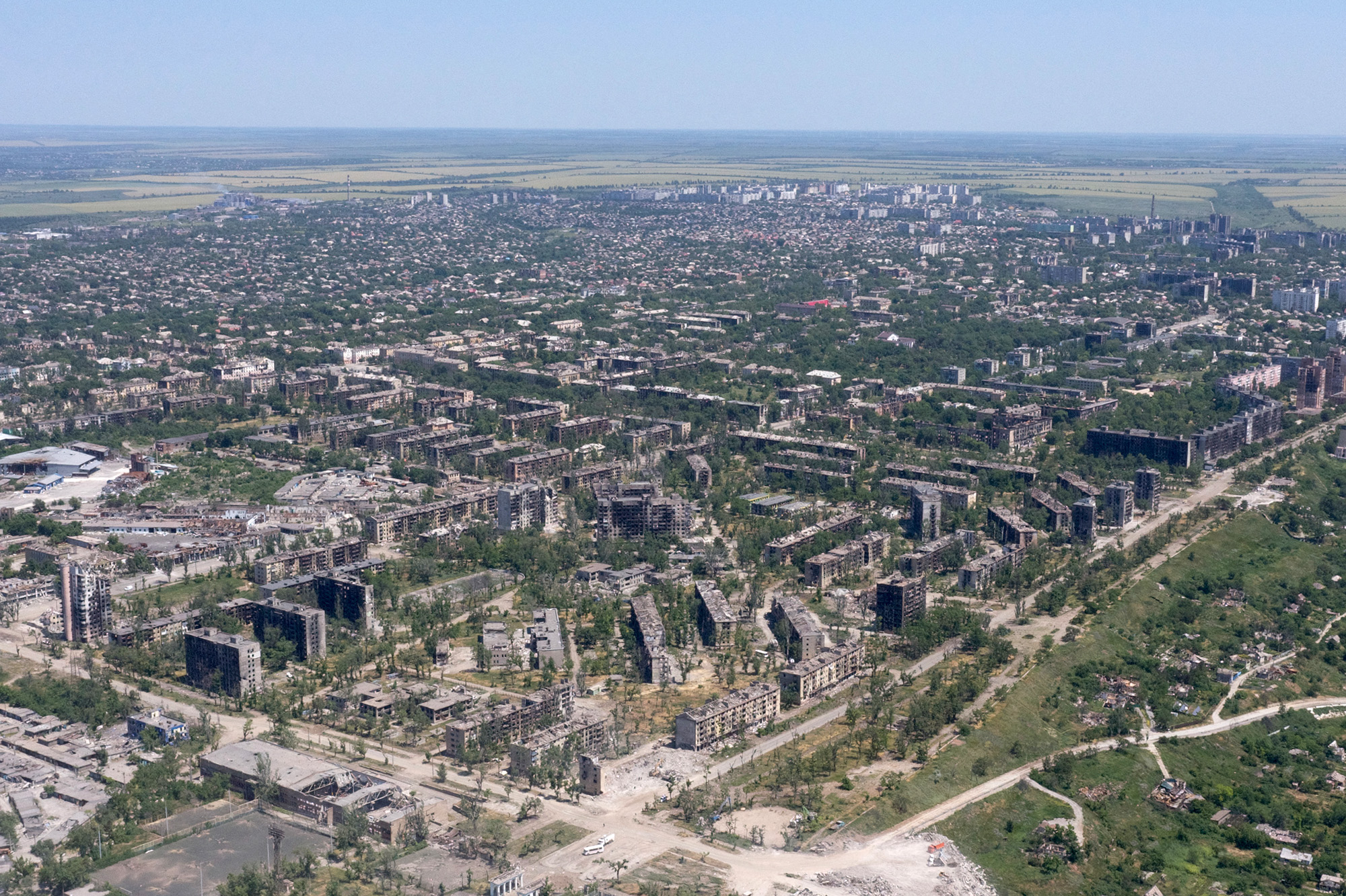 An aerial view of the destroyed city of Mariupol, Ukraine, on June 13, 