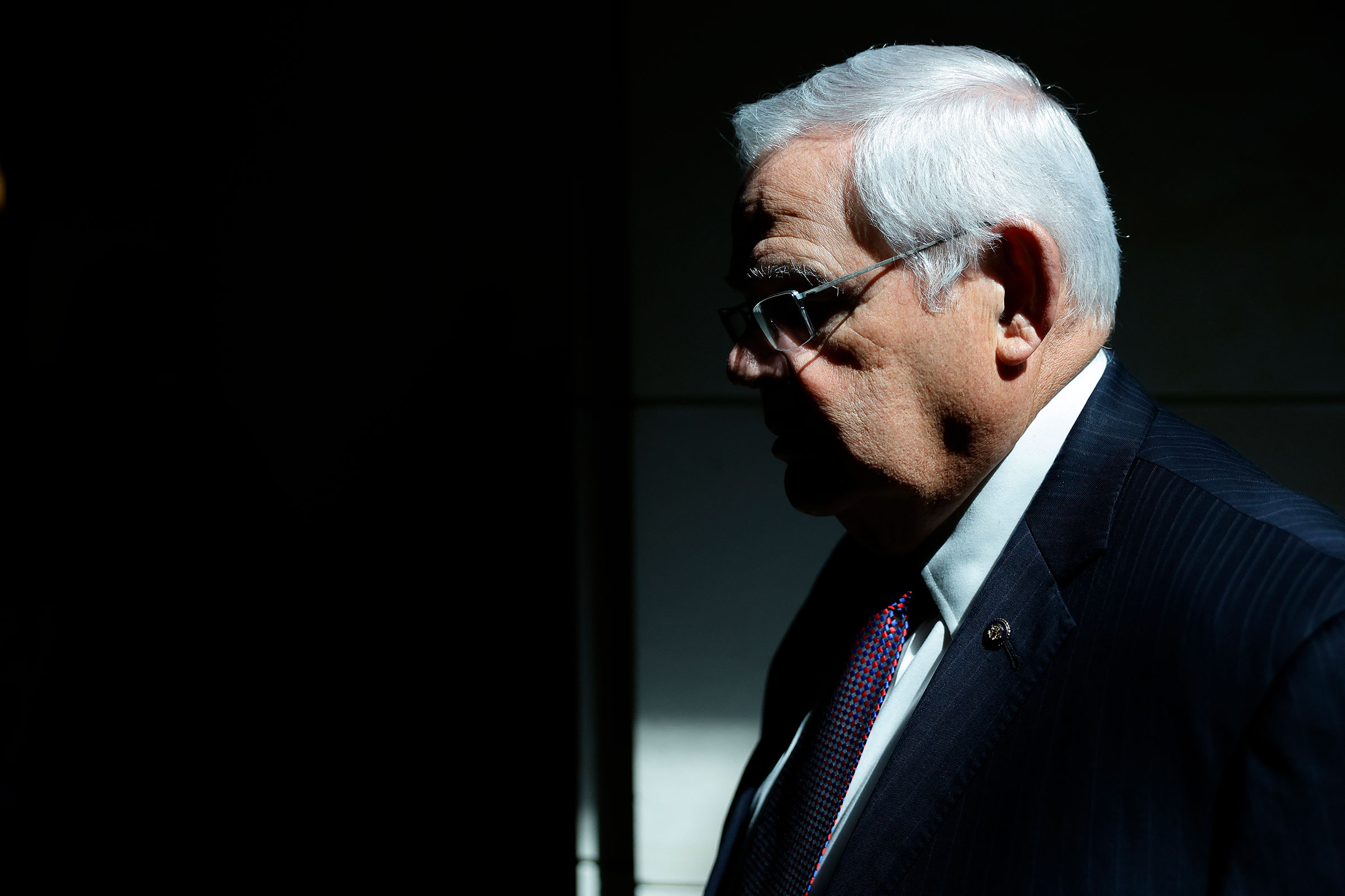 Senate Foreign Relations Committee Chairman Bob Menendez arrives for a closed-door briefing by intelligence officials about the Discord leaks at the Capitol Visitors Center on April 19, 2023 in Washington, DC. 