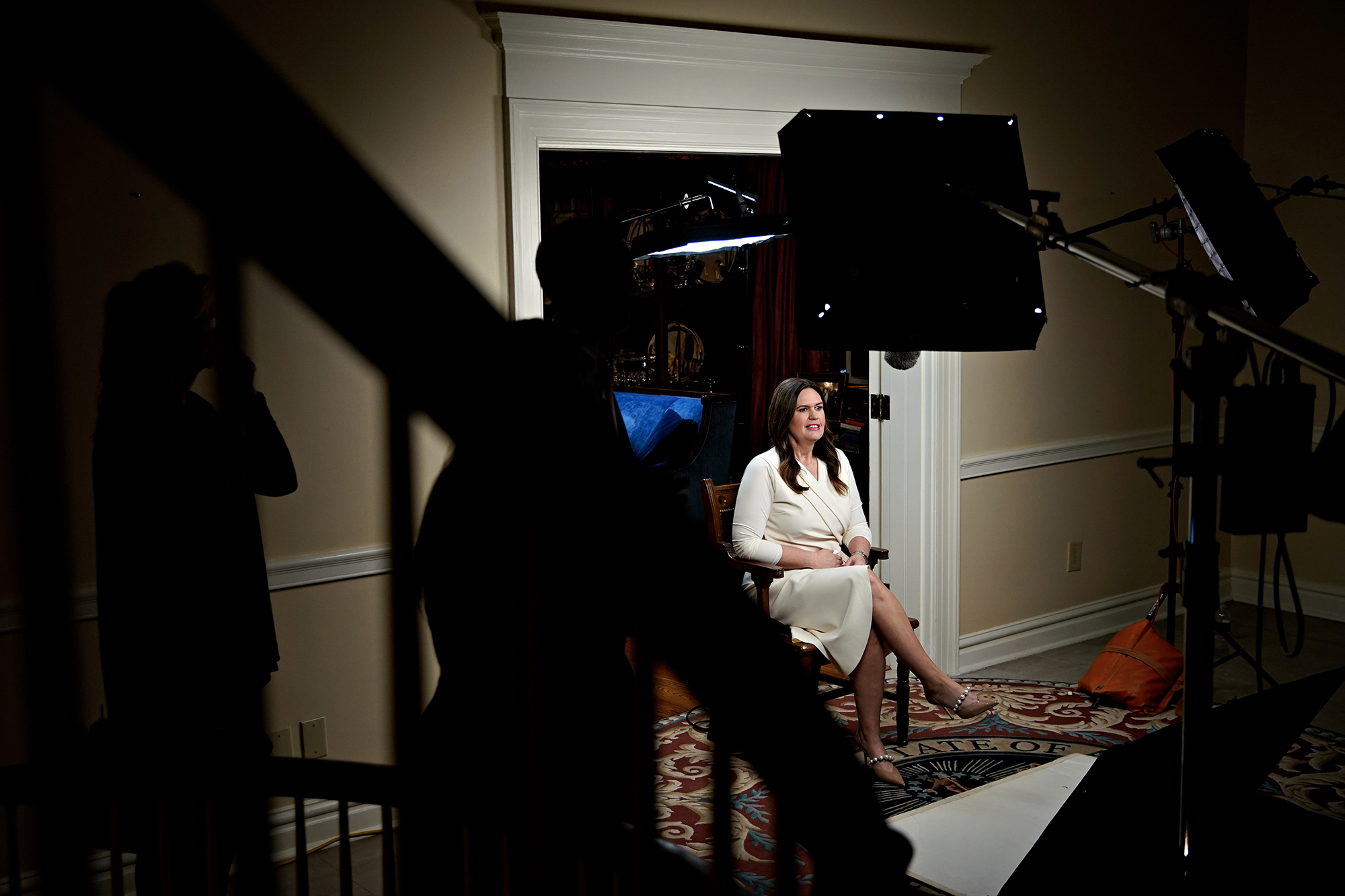 Arkansas Gov. Sarah Huckabee Sanders waits to deliver the Republican response to President Biden's State of the Union address.